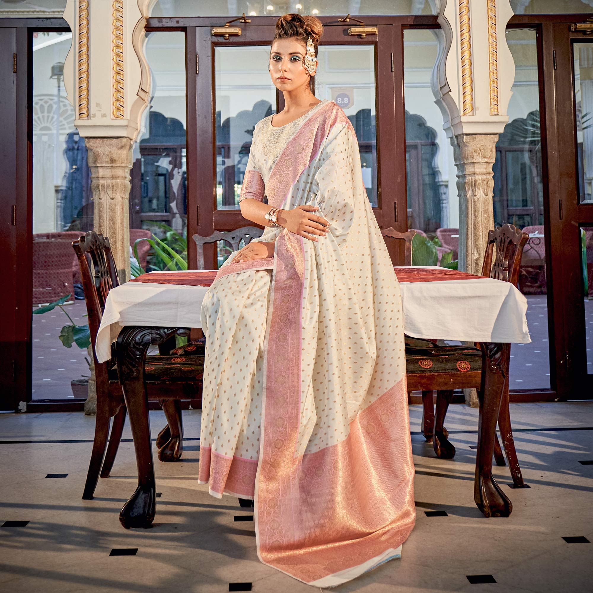 White Woven Banarasi Silk Saree