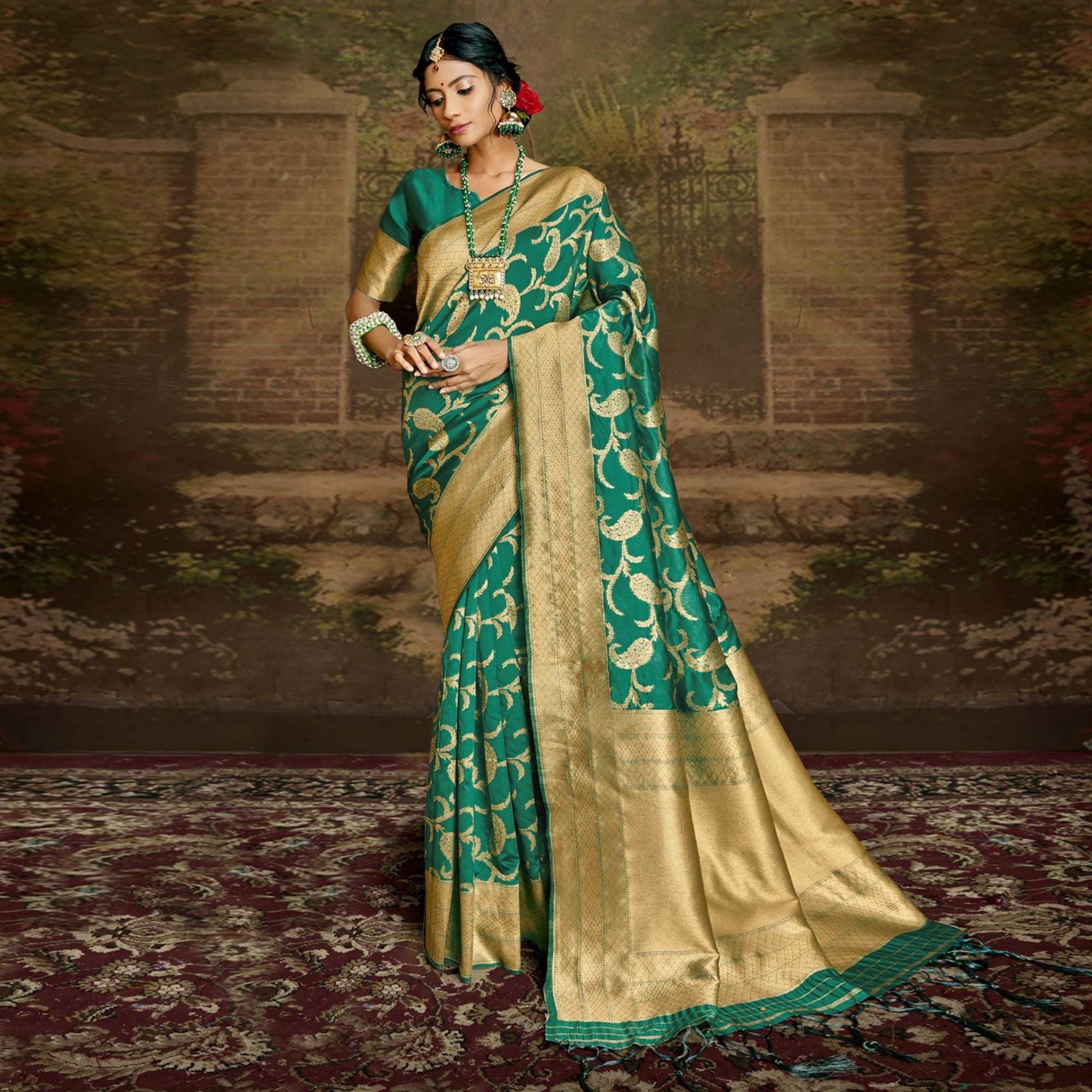 Green Woven Banarasi Silk Saree With Tassels