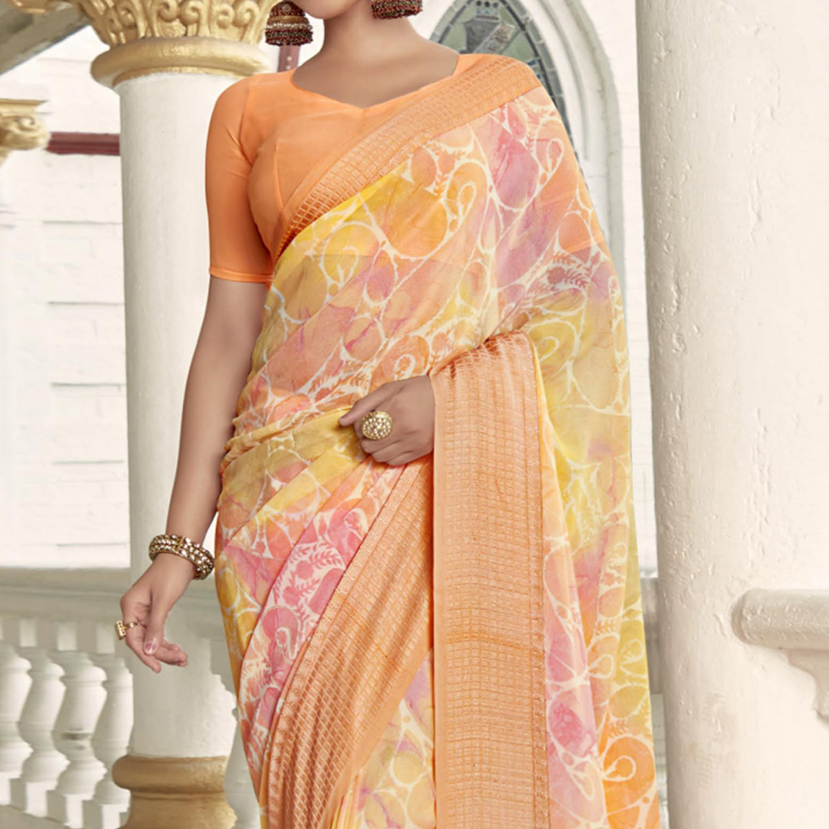 Orange Printed Georgette Saree With Checks Border
