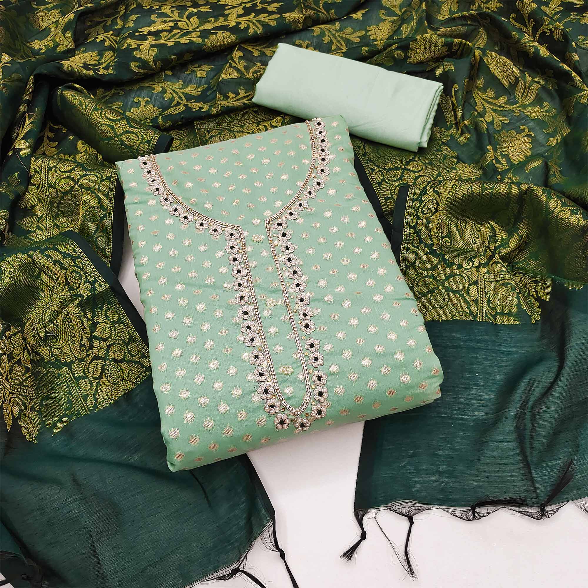Sea Green Woven Banarasi Silk Dress Material