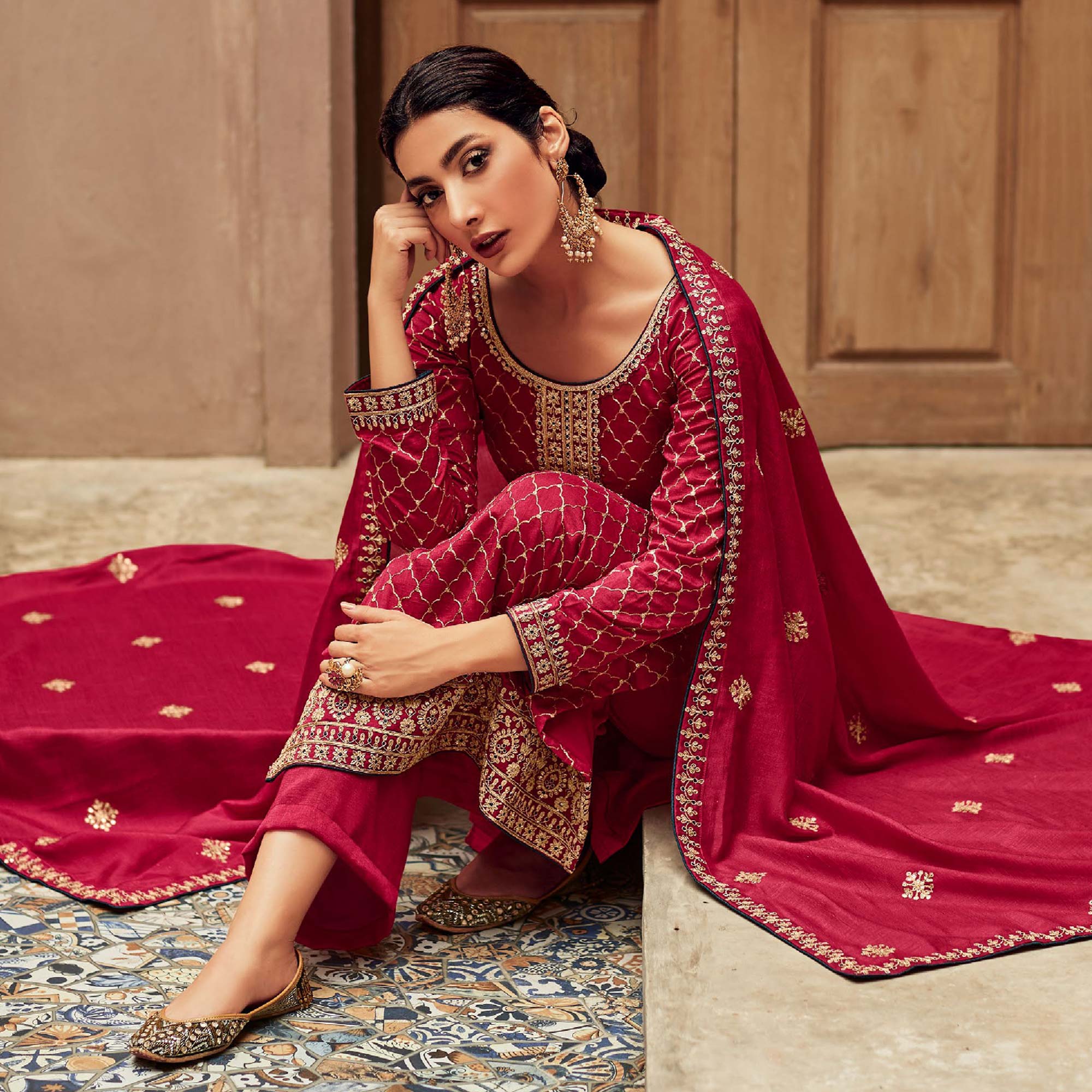 Pink Floral Embroidered Art Silk Palazzo Suit