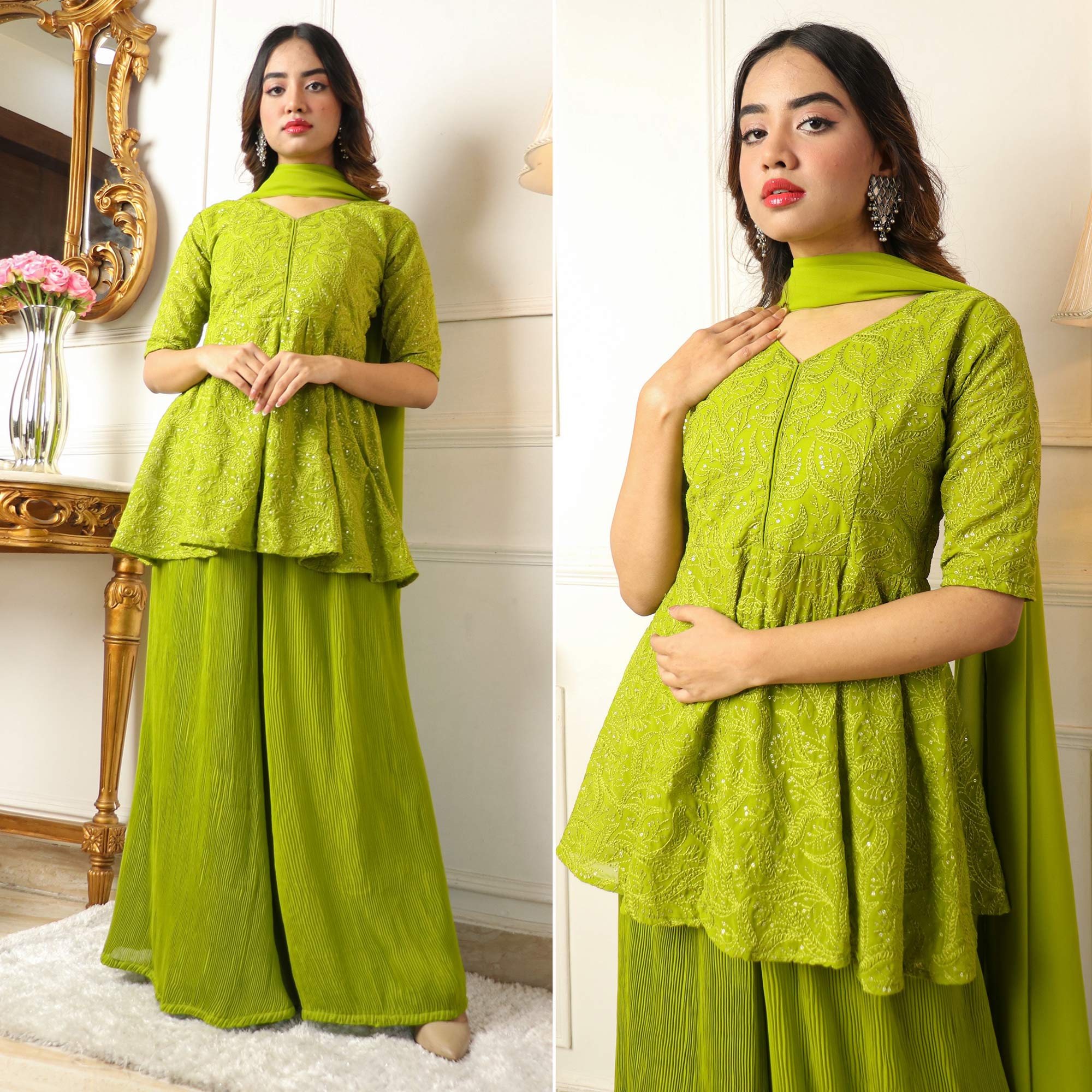 Green Sequins Embroidered Georgette Sharara Suit