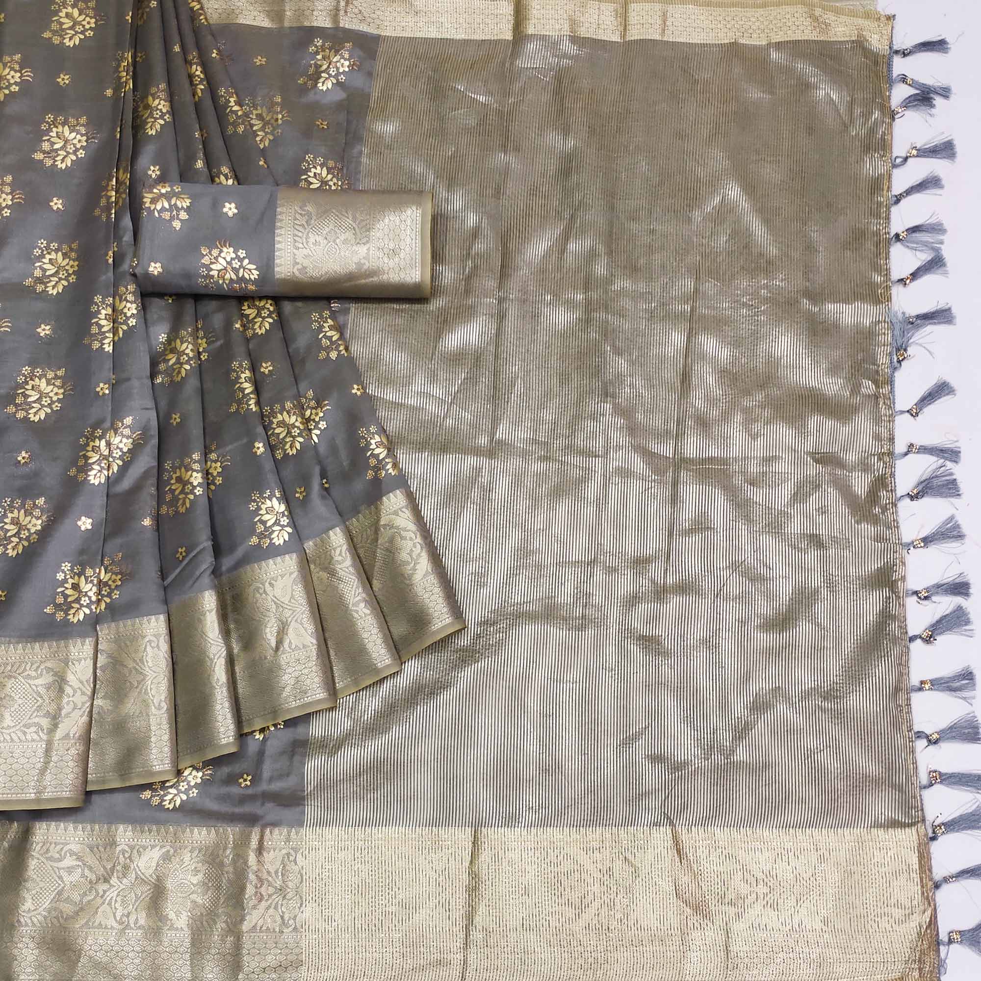 Grey Woven Organza Saree With Tassels
