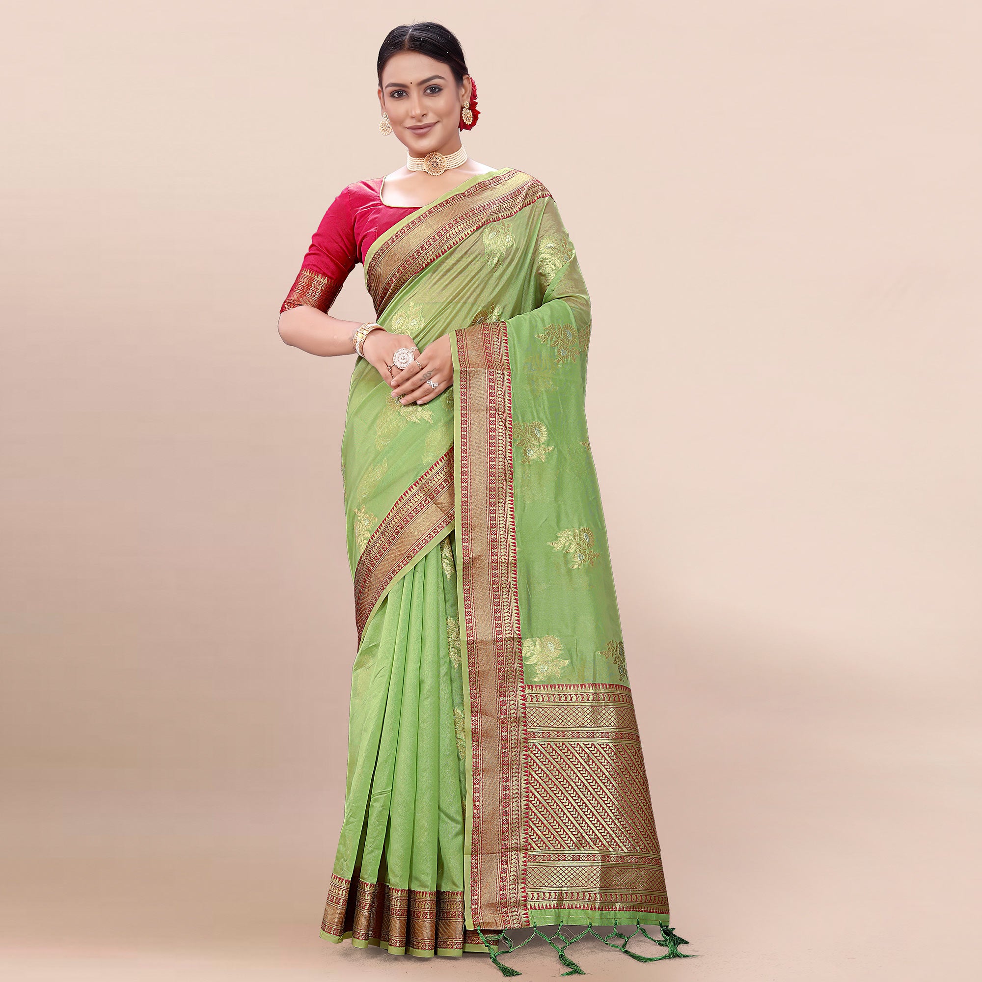 Green Woven Organza Saree With Tassels