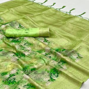 Green Floral Digital Printed Jacquard Saree