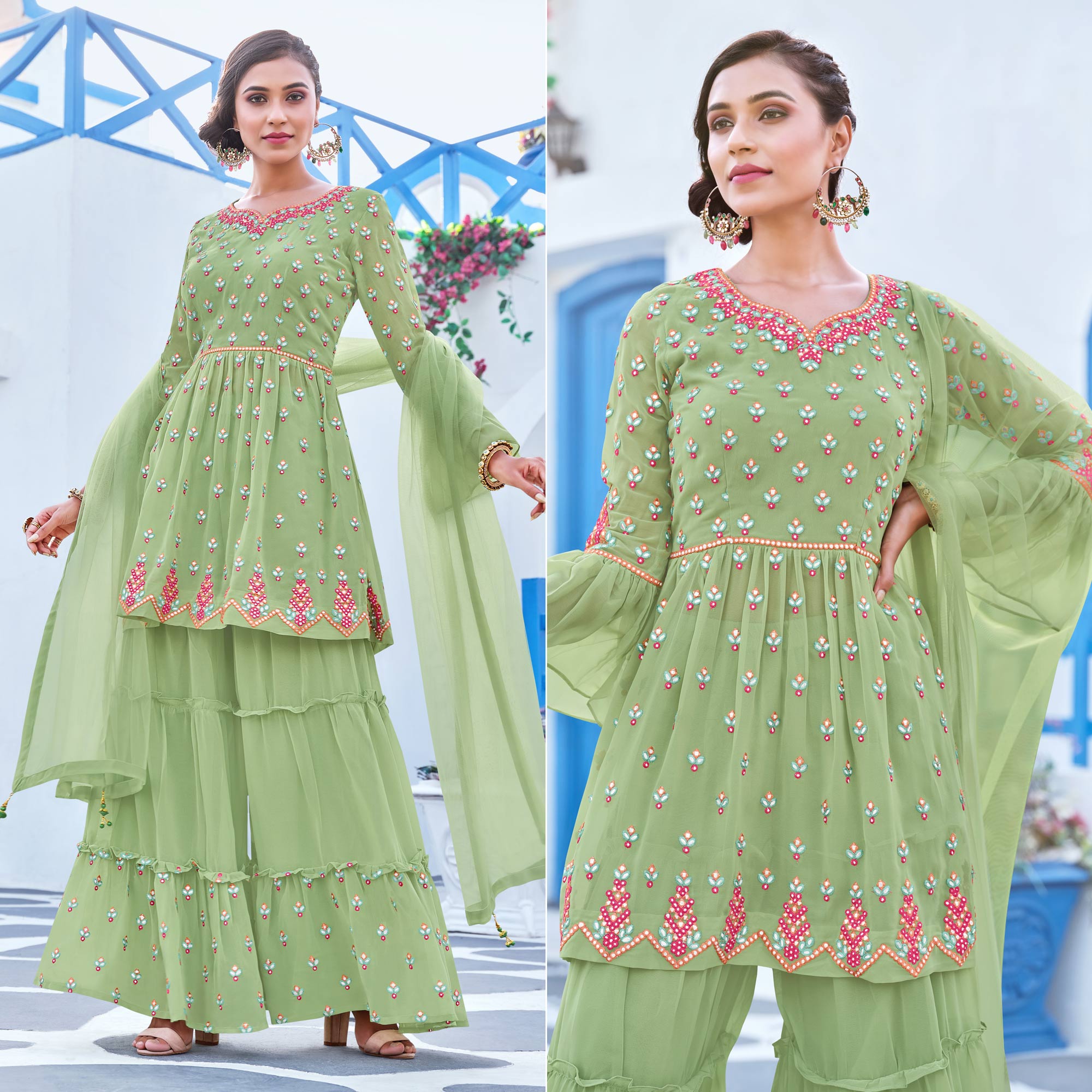 Pista Green Floral Embroidered Georgette Sharara Suit