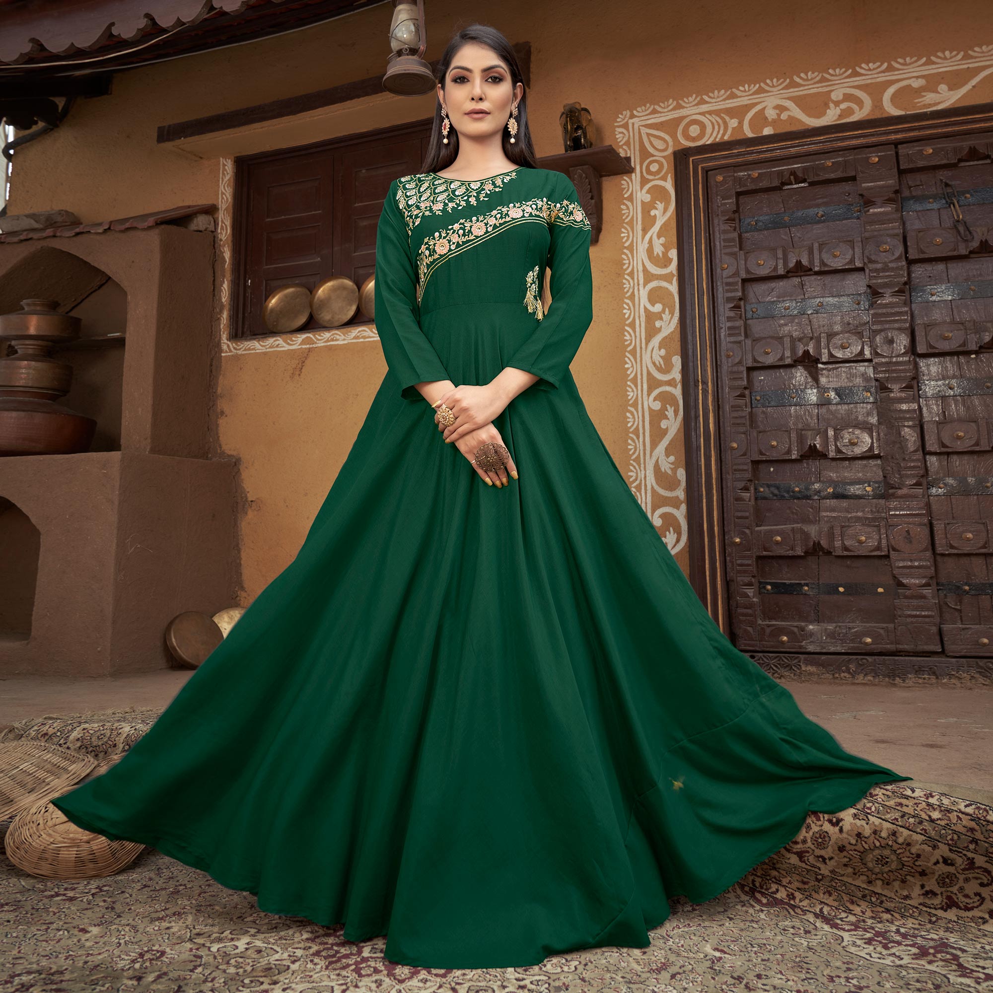 Bottle Green Floral Embroidered Muslin Gown