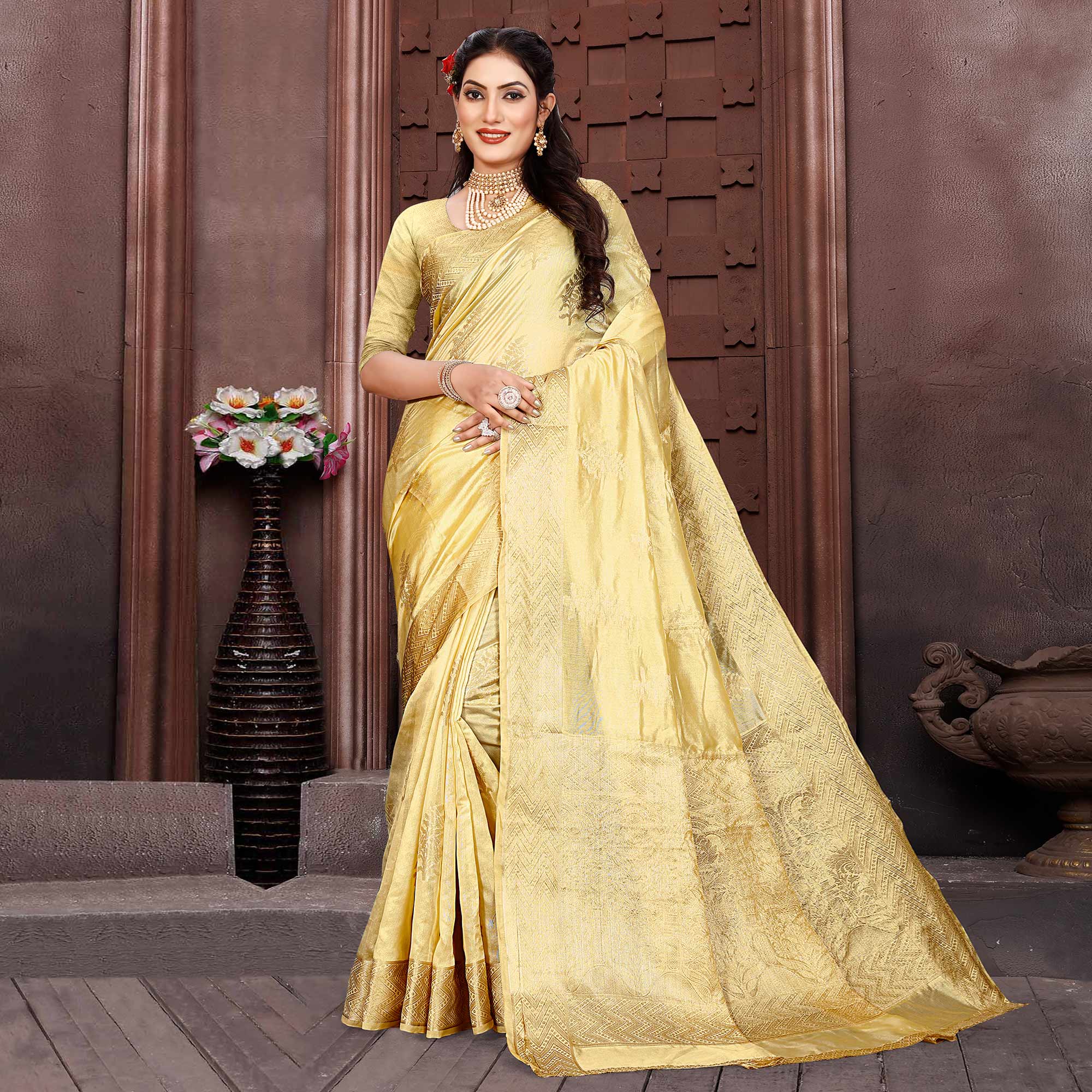 Cream Floral Woven Organza Saree