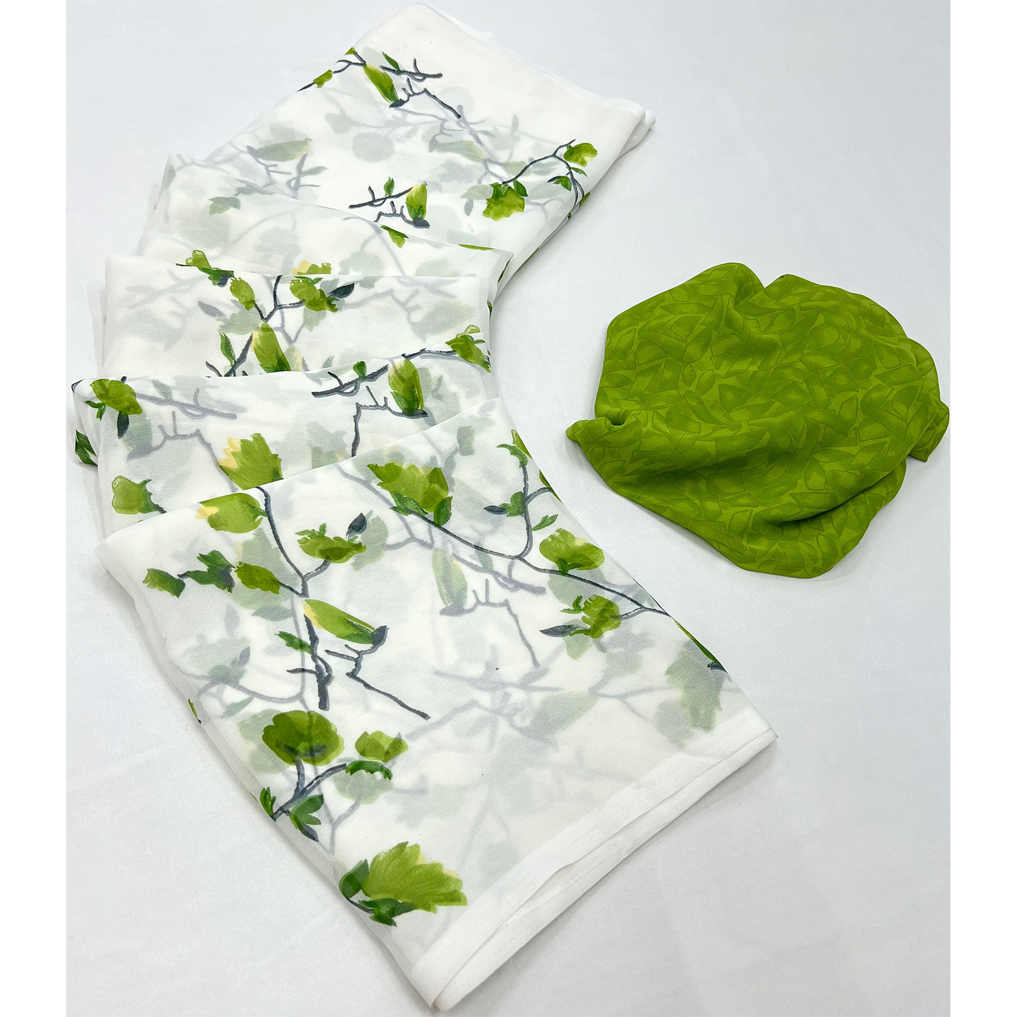 White Olive Green Floral Printed Georgette Saree