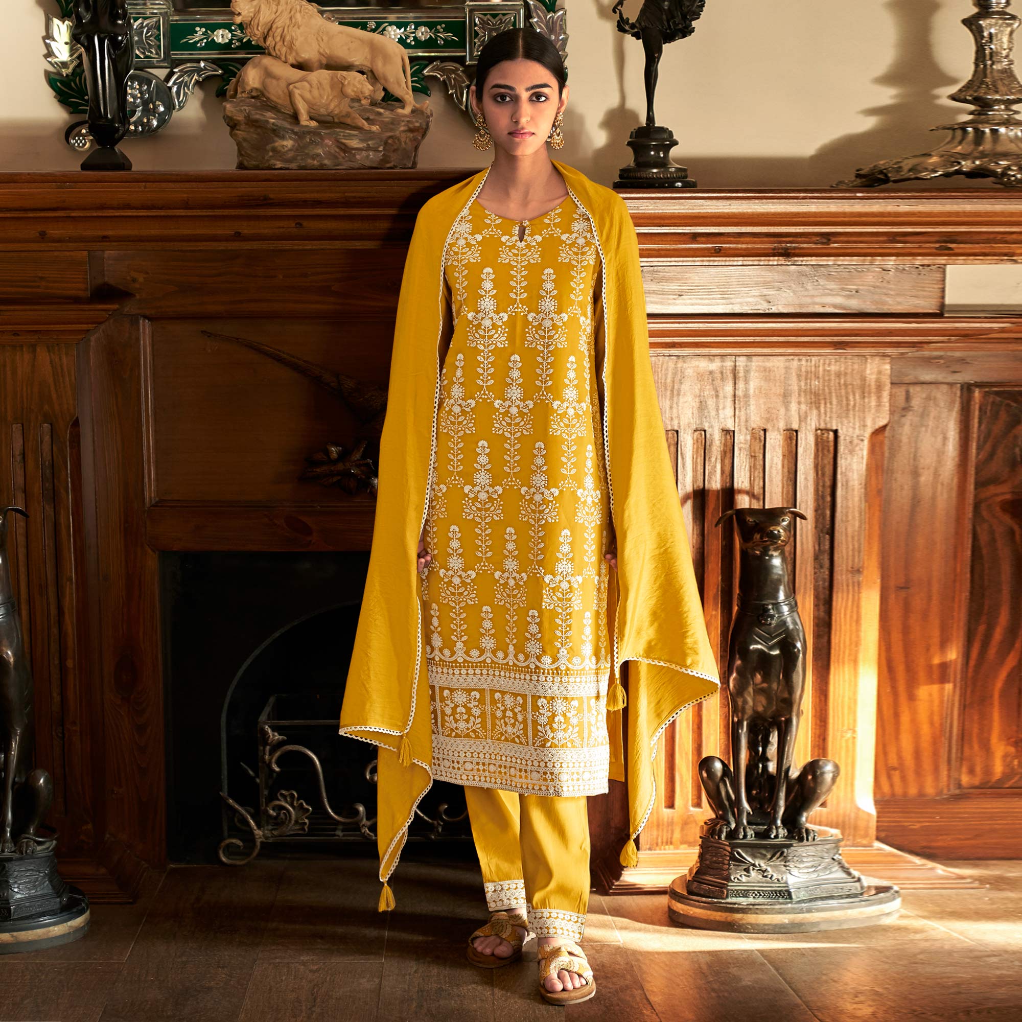 Mustard Lucknowi Embroidered Modal Salwar Suit
