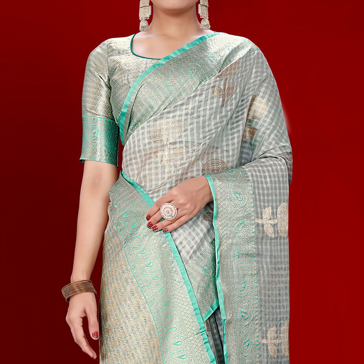Grey Floral Woven Organza Saree With Tassels