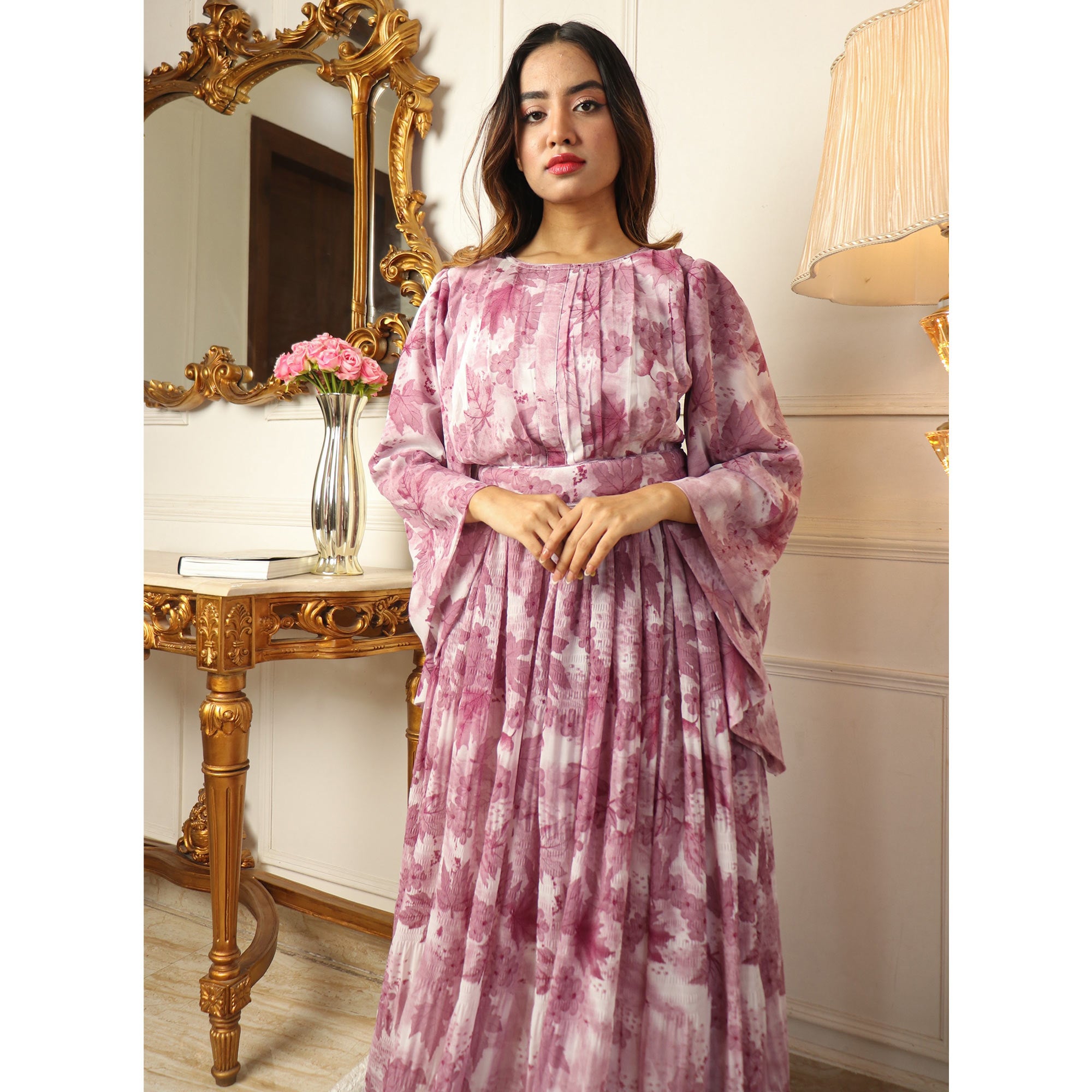 Mauve Floral Printed Georgette Gown