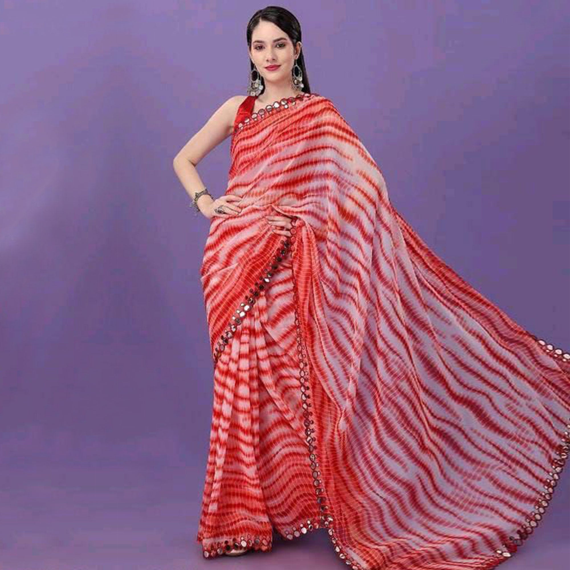 Red Printed With Fancy Mirror Georgette Saree