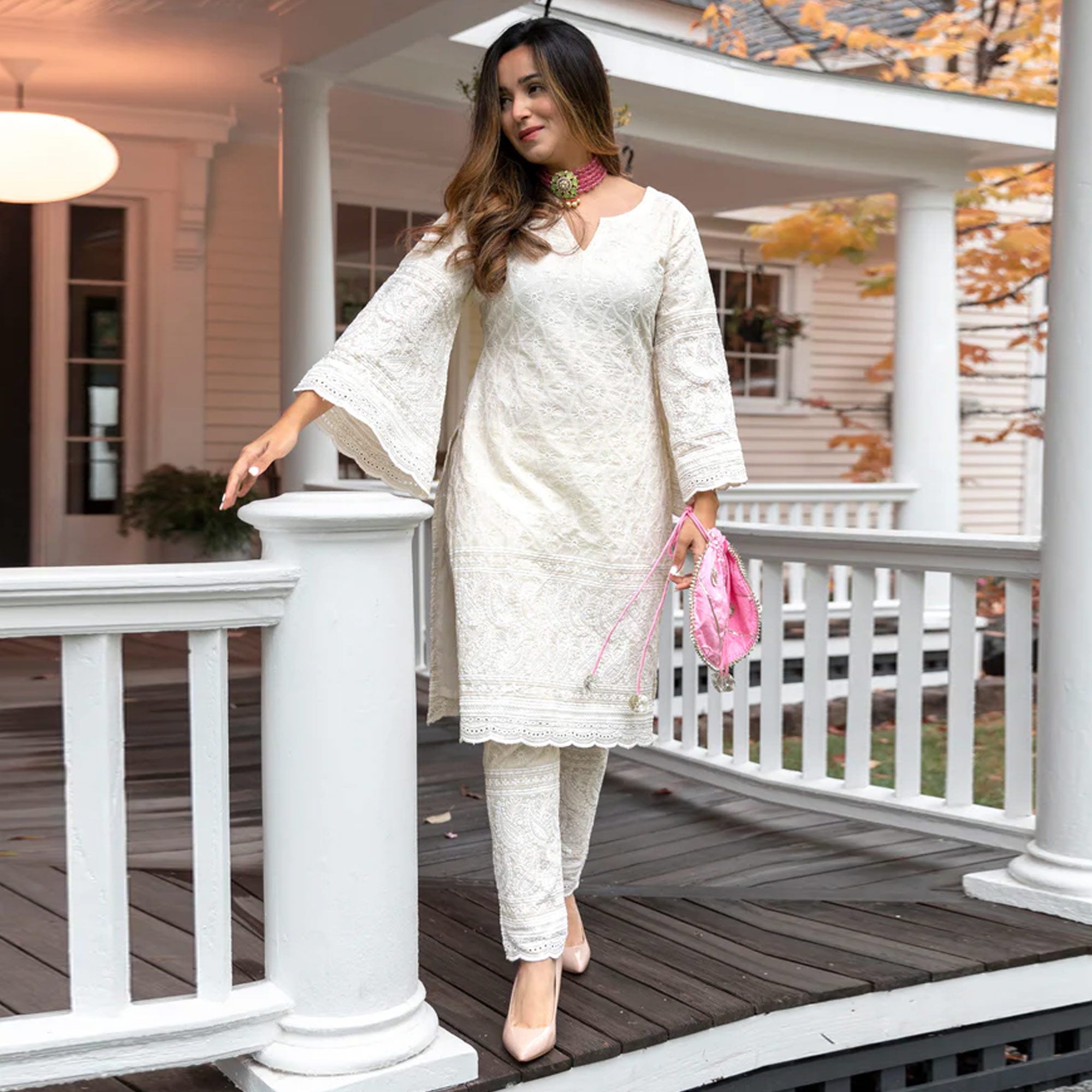 White Lucknowi Embroidered Pure Cotton Kurti Pant Set