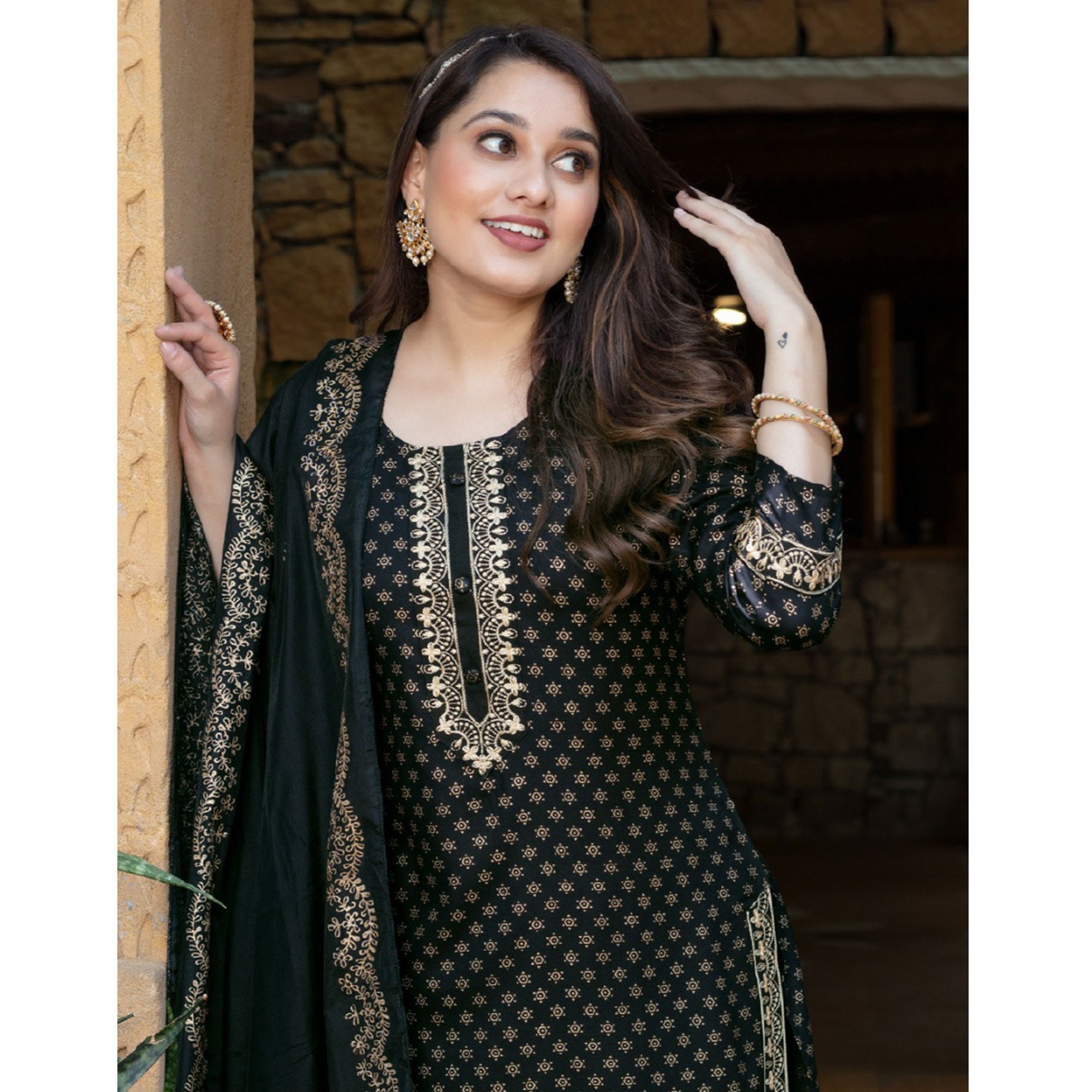Black Printed Rayon Salwar Suit