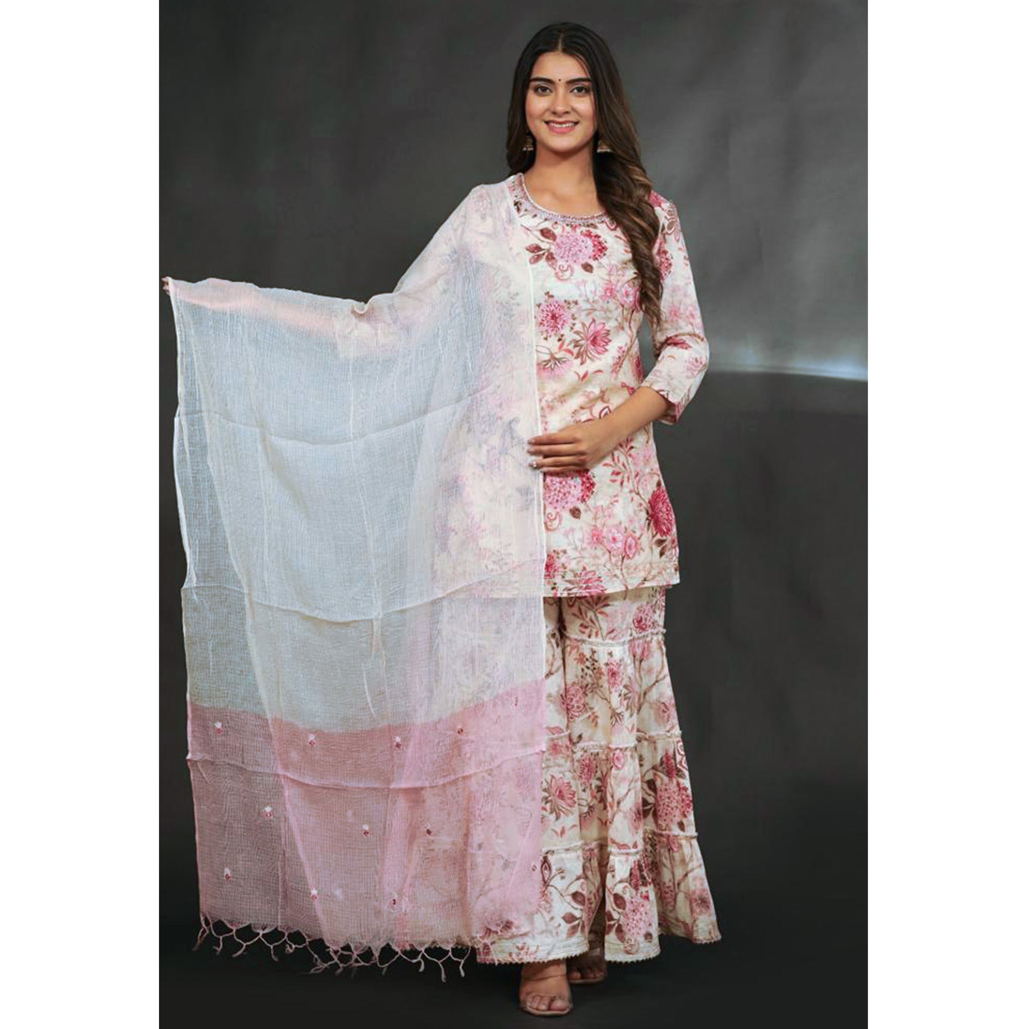White & Pink Floral Printed Muslin Sharara Suit