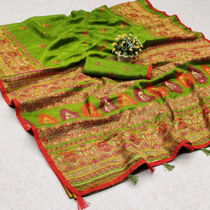 Green Printed Cotton Blend Saree With Tassels