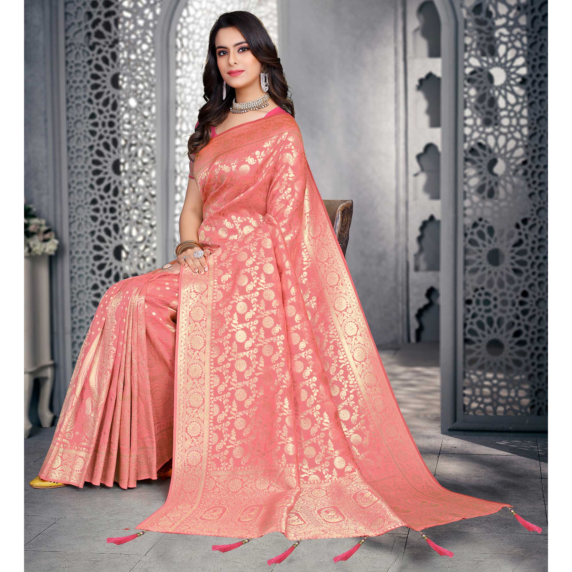 Peach Woven Banarasi Silk Saree