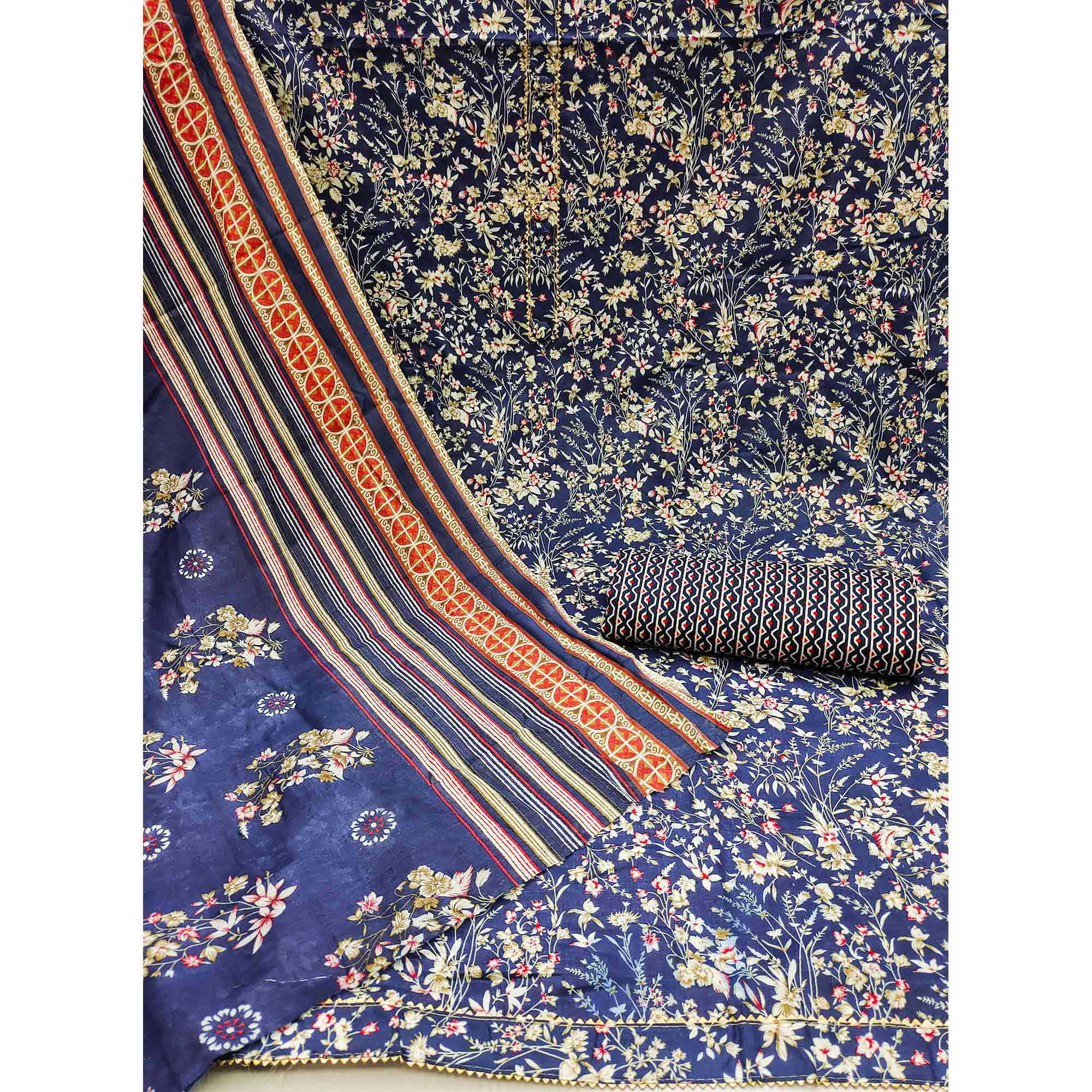 Blue Floral Printed Cotton Blend Dress Material