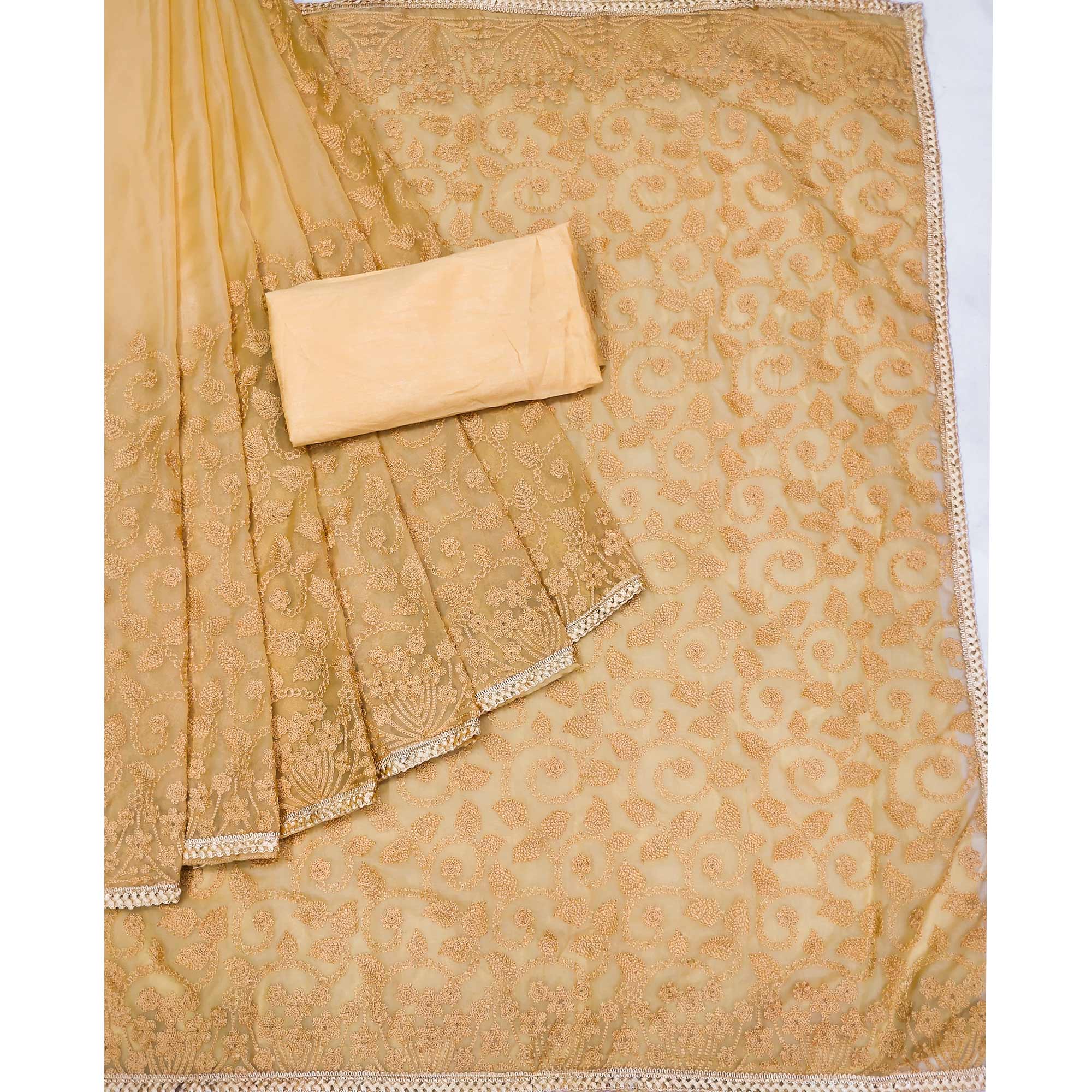 Mustard Yellow Floral Embroidered Organza Saree