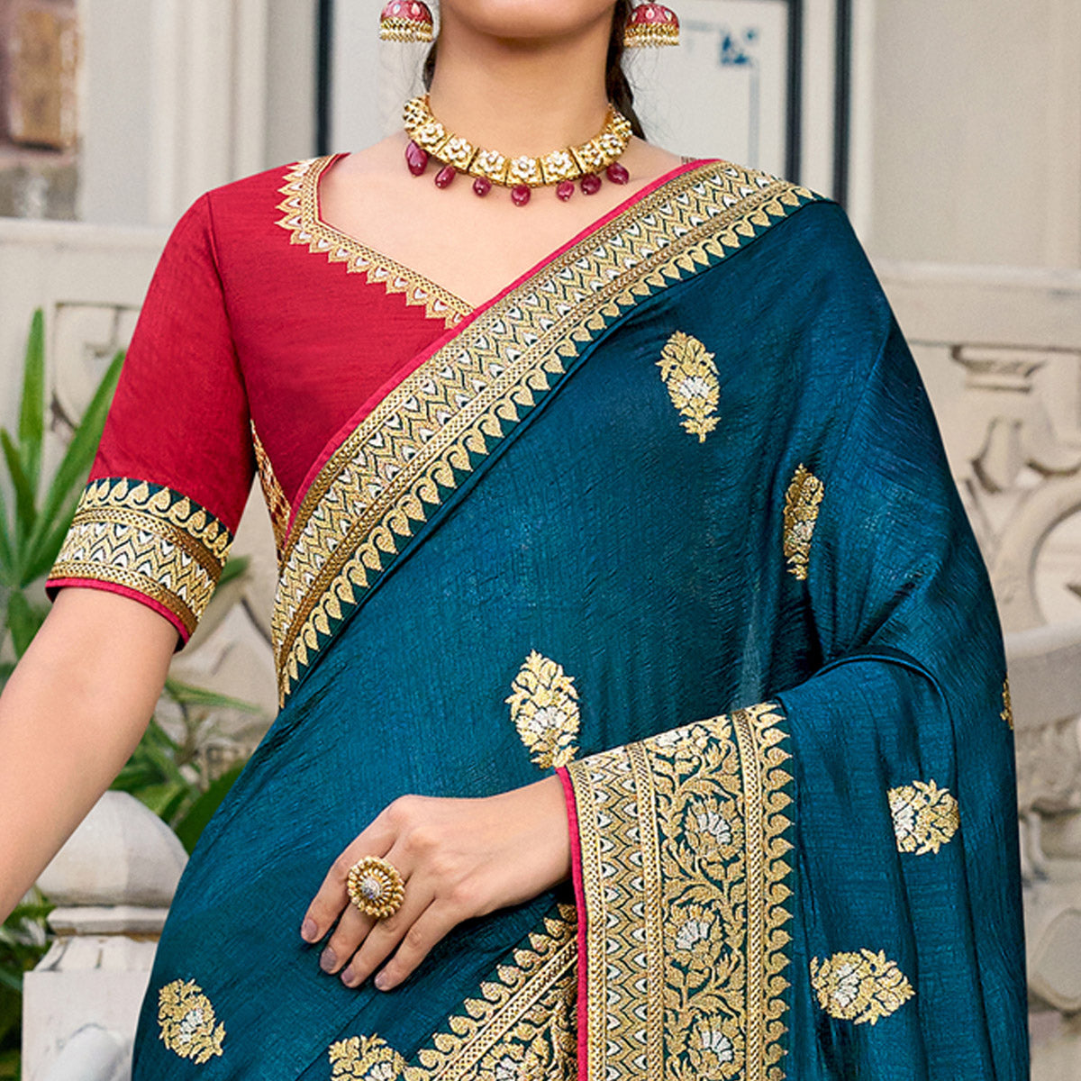 Teal Blue Embroidered Vichitra Silk Saree With With Tassels