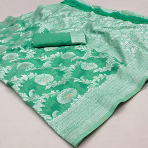Sea Green Woven Cotton Blend Saree With Tassels