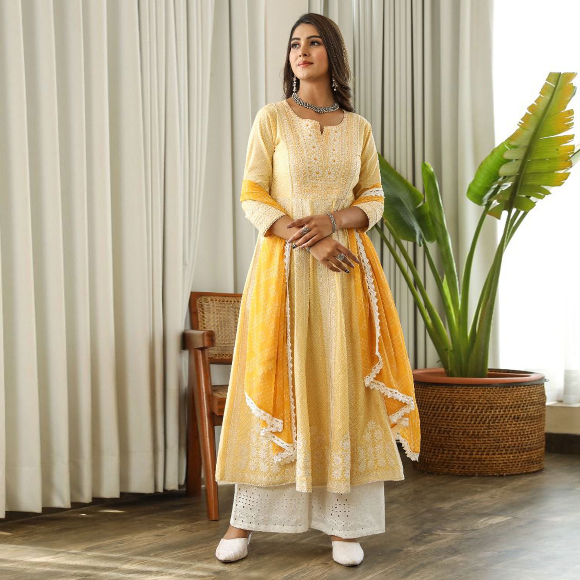 Yellow Floral Embroidered Pure Cotton Anarkali Suit