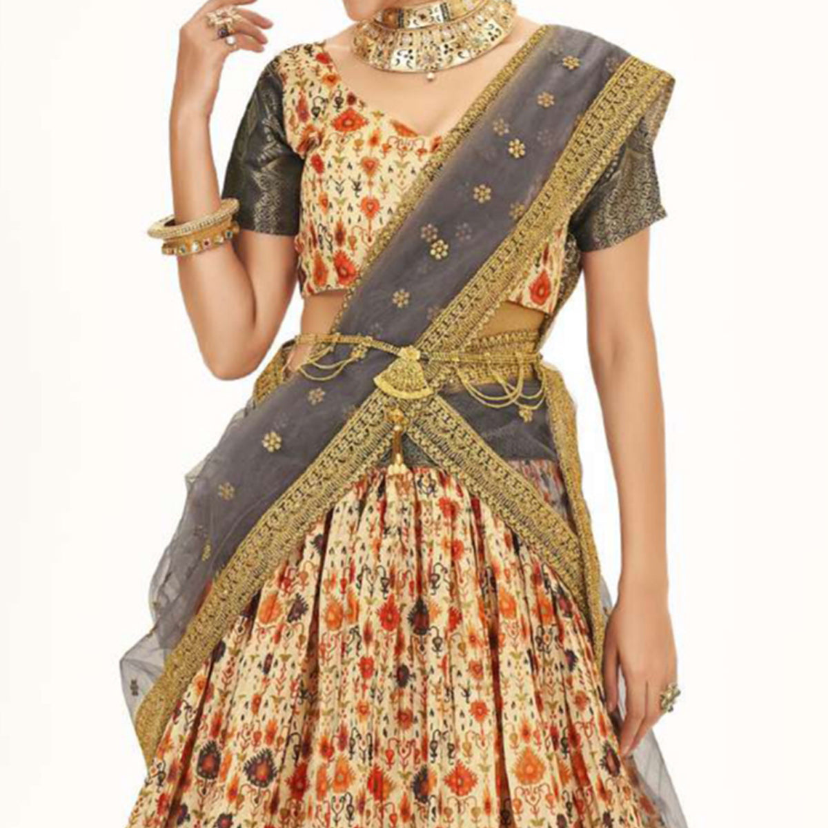 Peach Digital Printed With Zari Work Art Silk Lehenga Choli