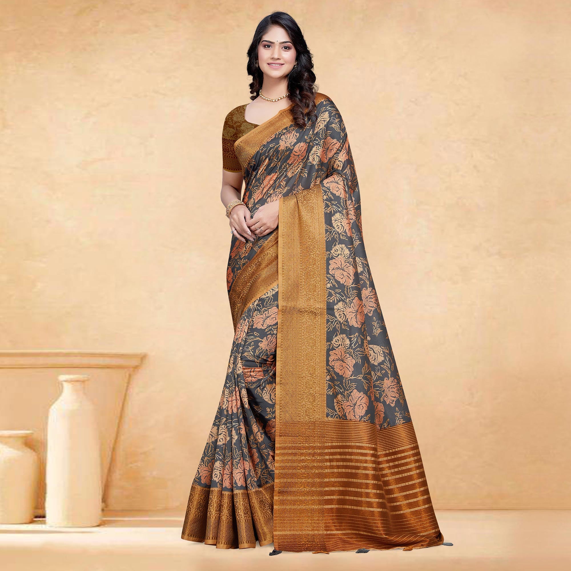 Grey Floral Digital Printed Tussar Silk Saree