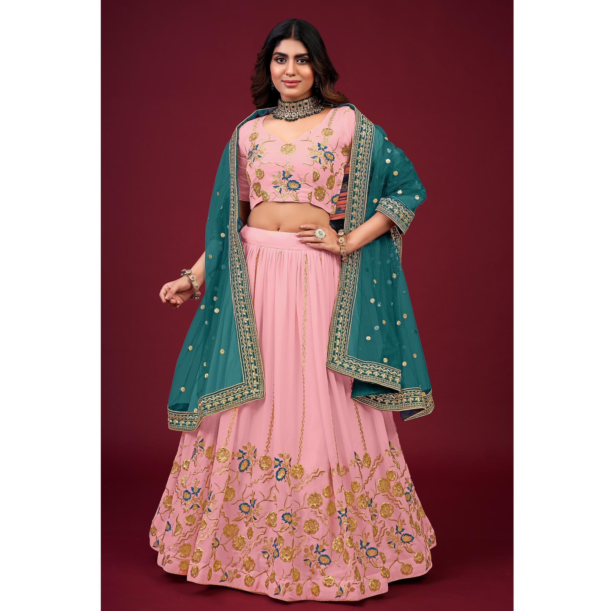 Pink Embroidered Georgette Lehenga Choli