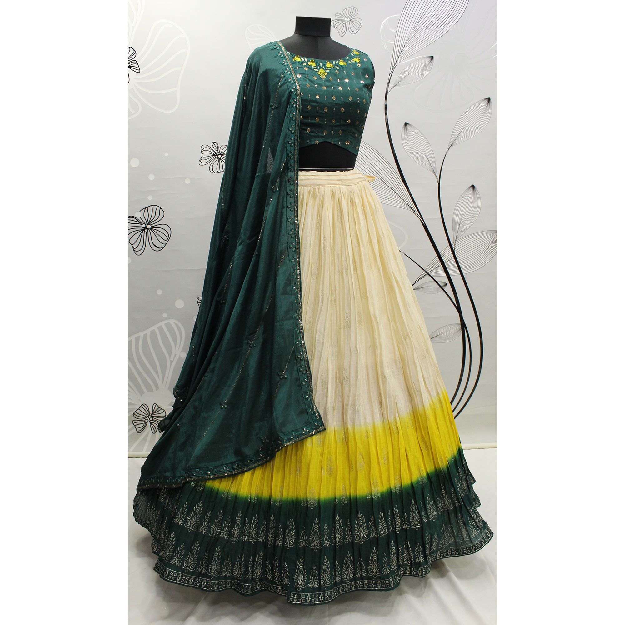 Cream Foil Printed Chiffon Lehenga Choli