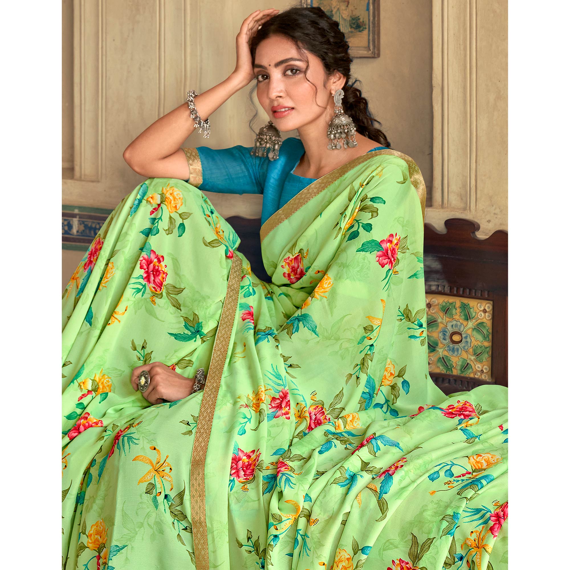 Green Floral Printed Chiffon Saree