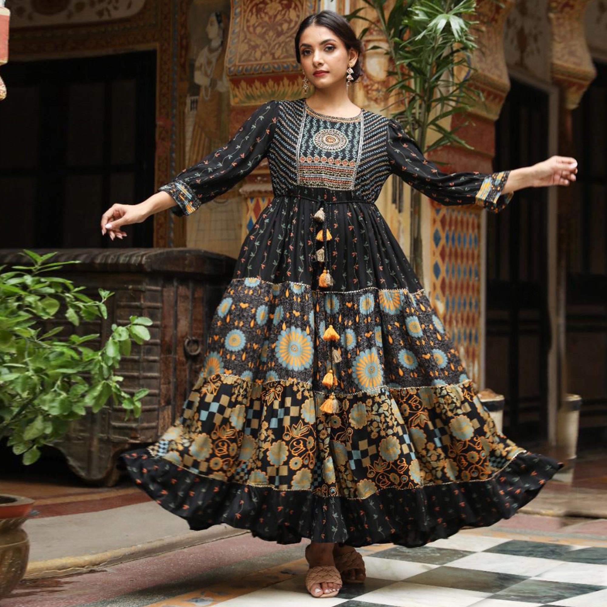 Black Floral Printed With Gota Patti Work Rayon Gown