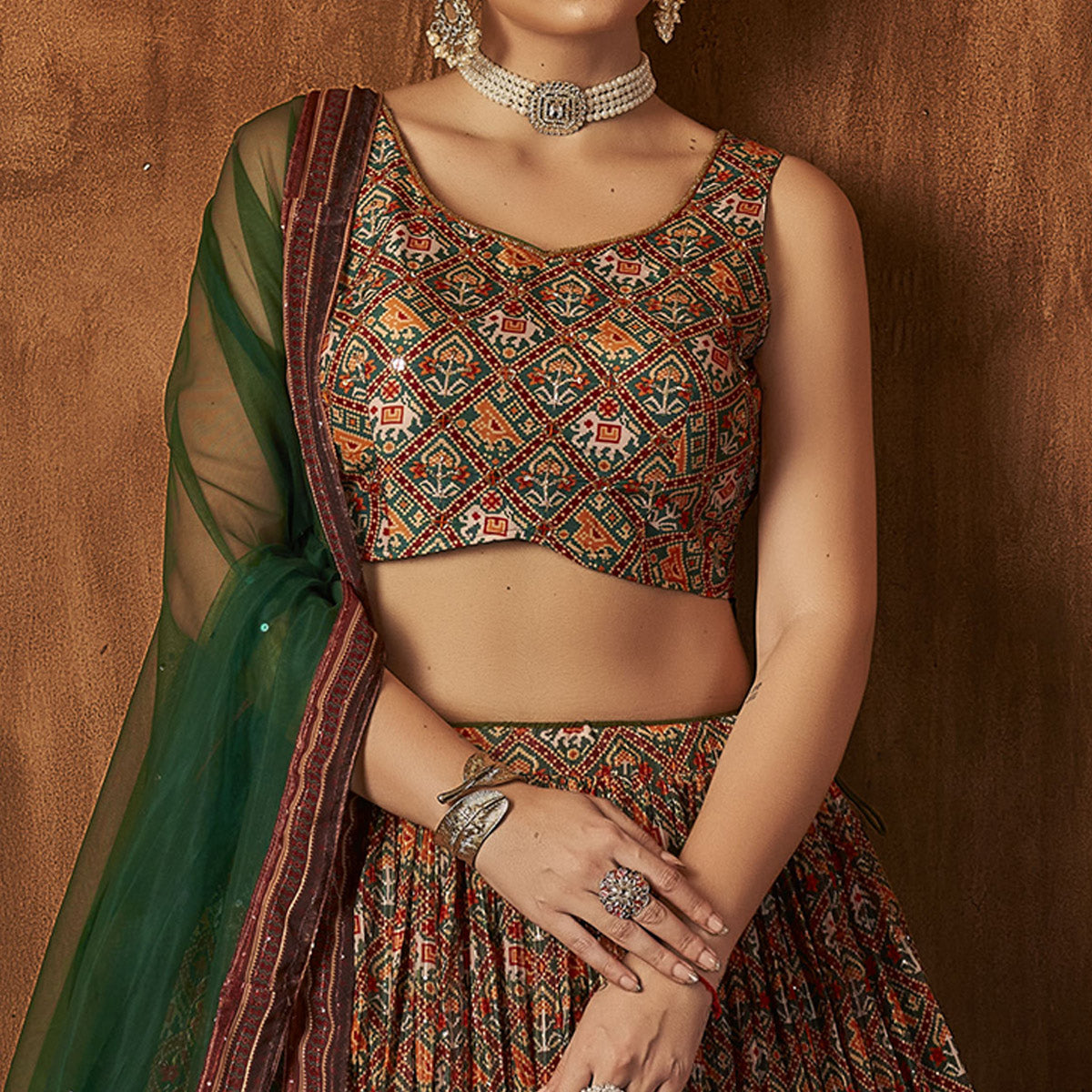 Green Printed With Sequins Work Georgette Lehenga Choli