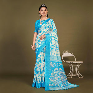 Blue Floral Printed Jute Saree With Tassels