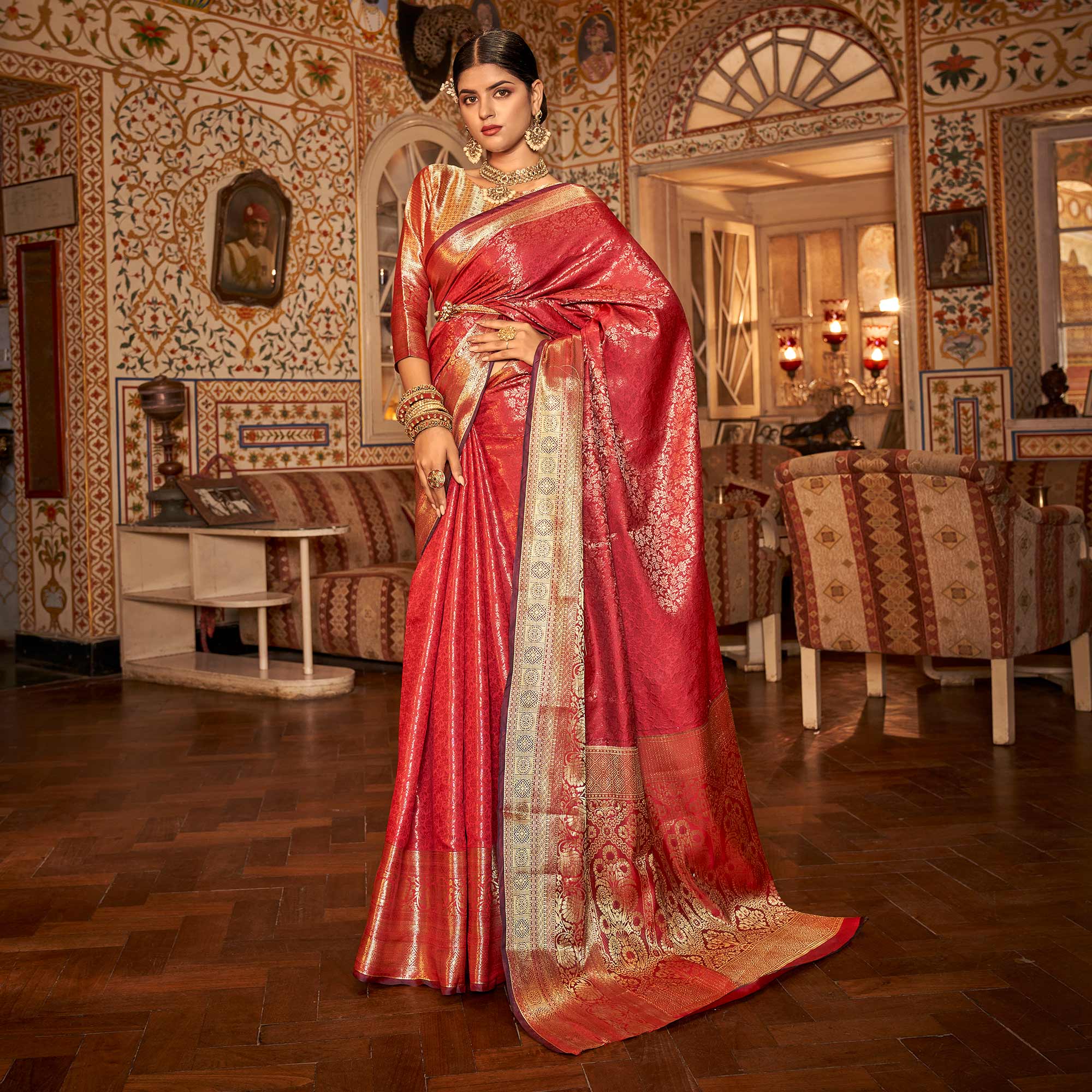 Red Floral Woven Kanjivaram Silk Saree