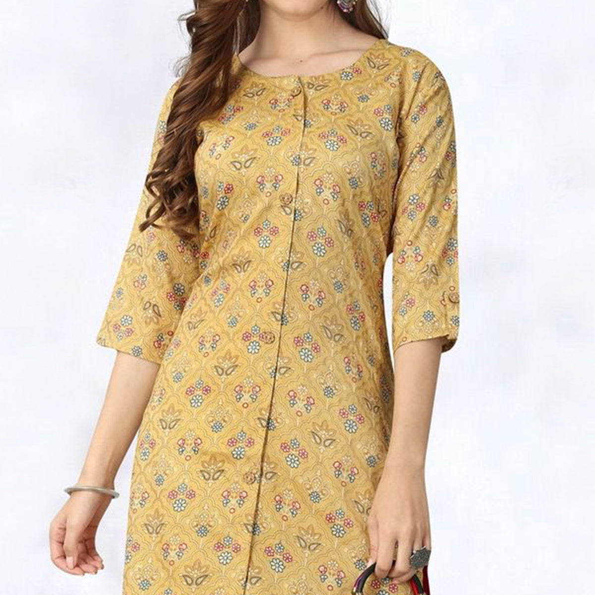 Yellow Foil Printed Rayon Kurti