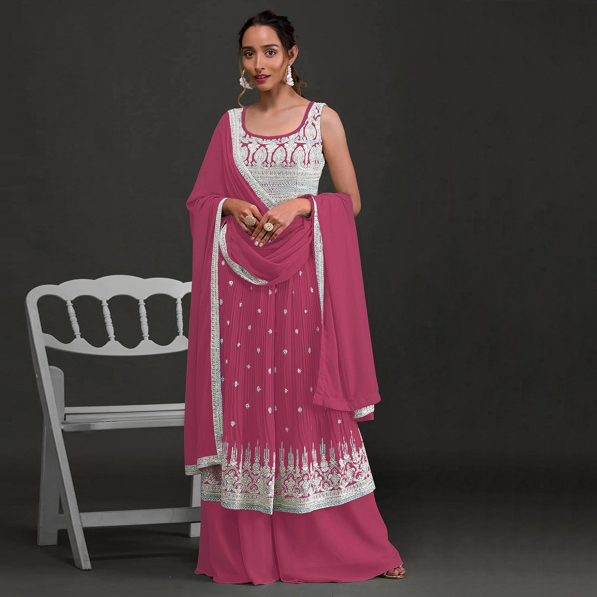 Pink Sequins Embroidered Georgette Semi Stitched Naira Cut Palazzo Suit