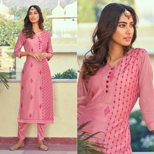 Pink Embroidered Art Silk Kurti Pant Set