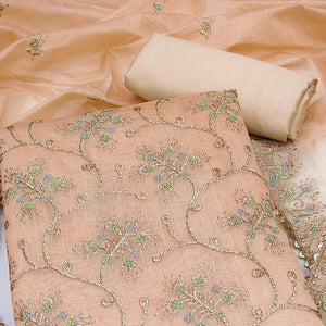 Peach Floral Embroidered Chanderi Dress Material