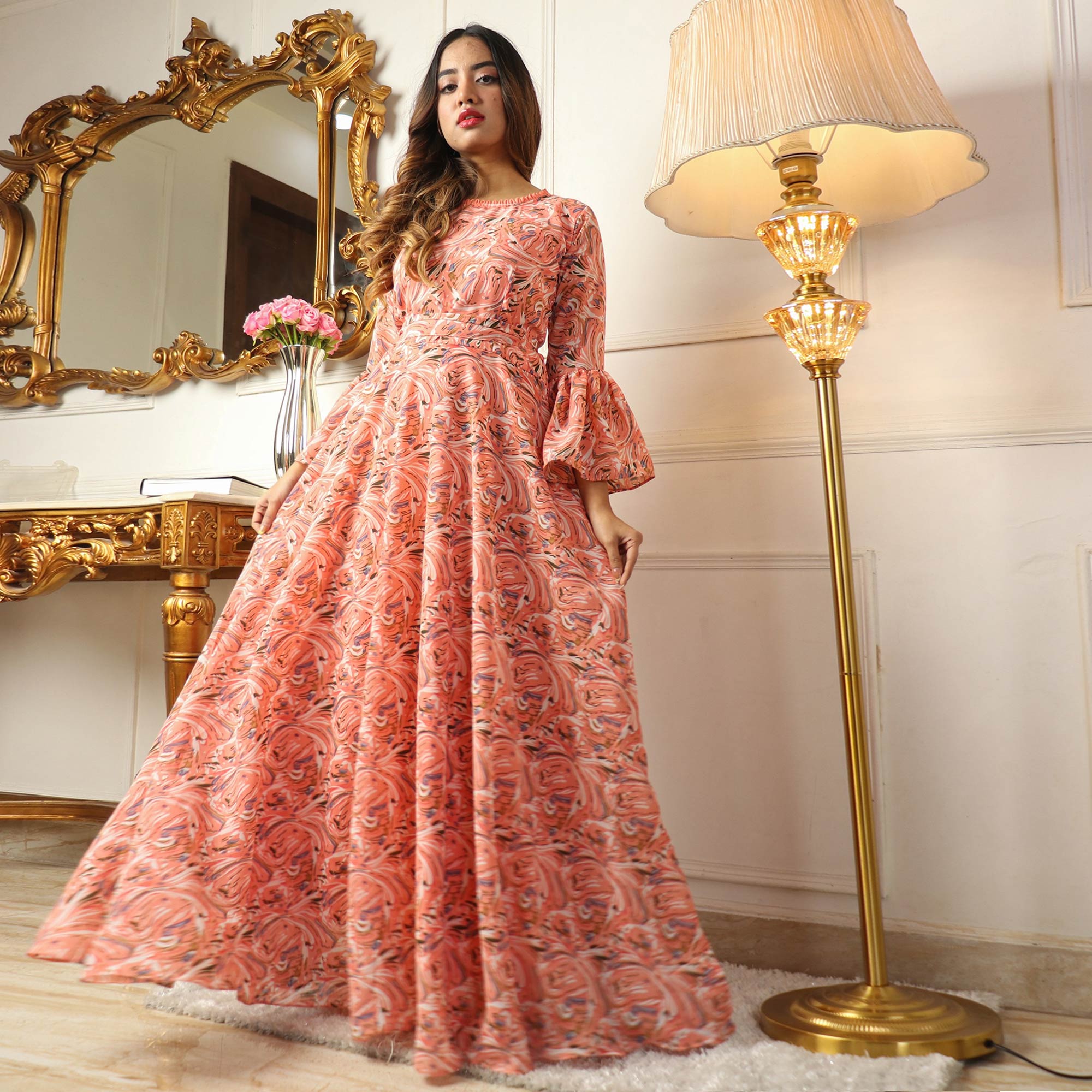 Peach Printed Georgette Gown
