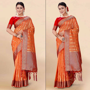Orange Woven Organza Saree With Tassels
