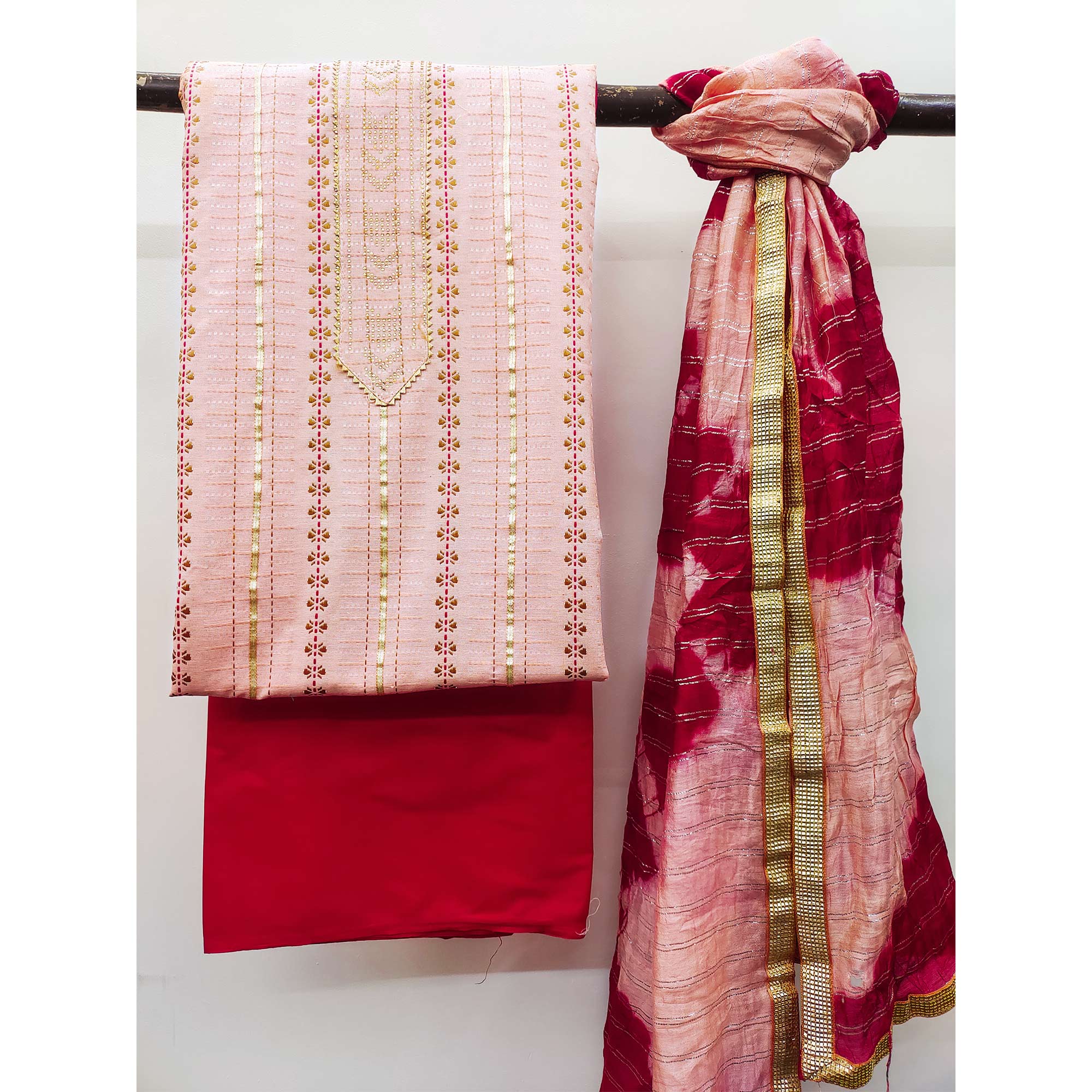 Peach Printed Cotton Blend Dress Material