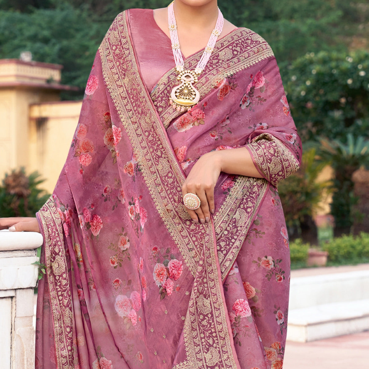 Pink Floral Printed With Embroidered Organza Saree