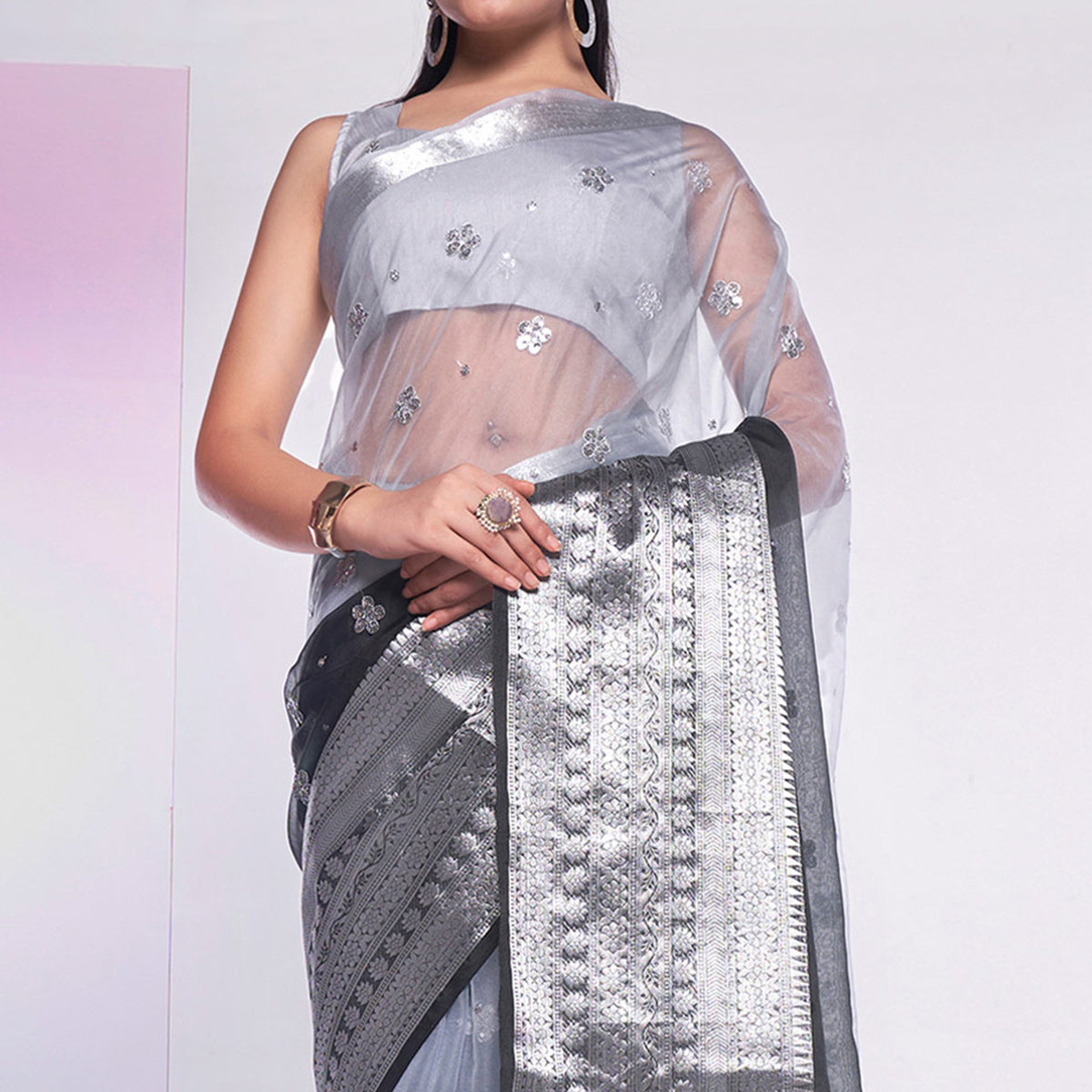 Black & Grey Sequins Embroidered Organza Saree