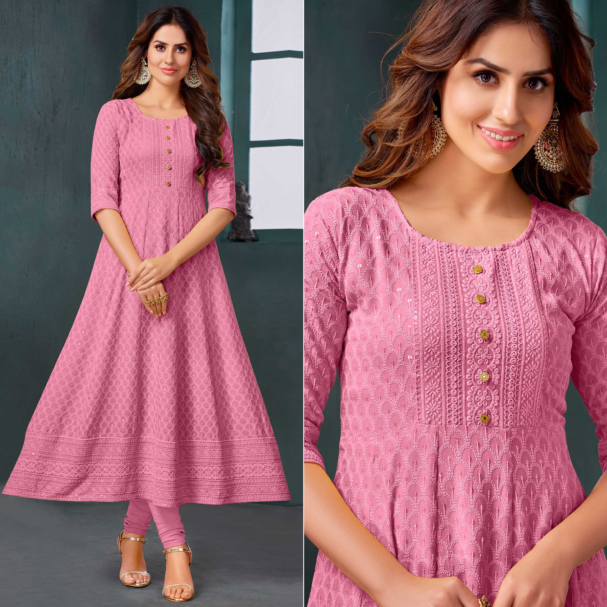Pink Chikankari Work Aanarkali Style Rayon Kurti