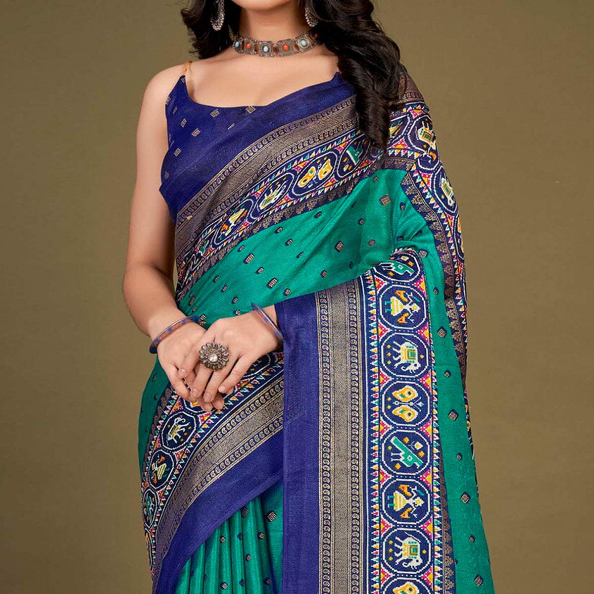 Blue Printed Jute Patola Saree With Tassels
