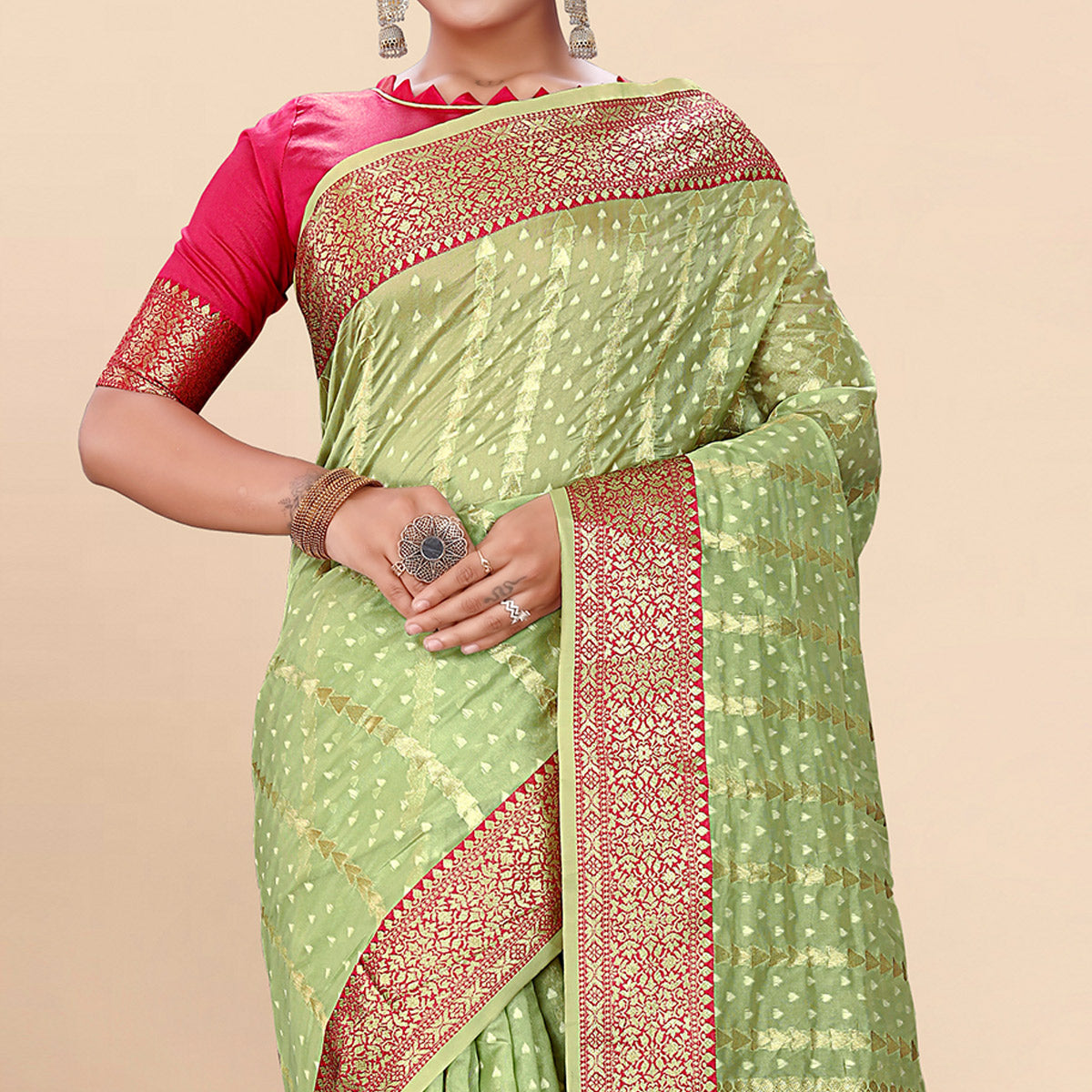 Green Woven Organza Saree With Tassels