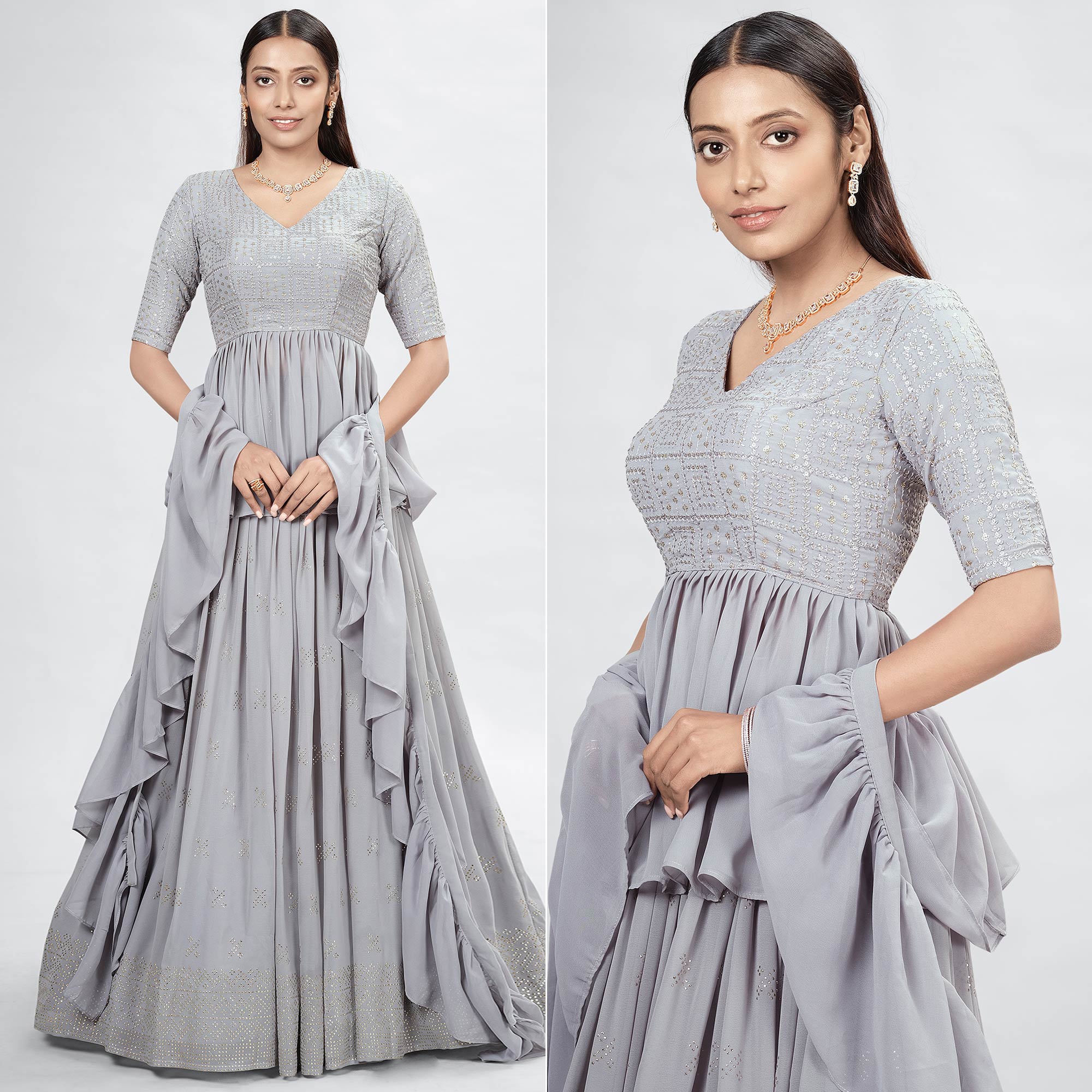 Grey Embellished With Embroidered Georgette Lehenga Choli