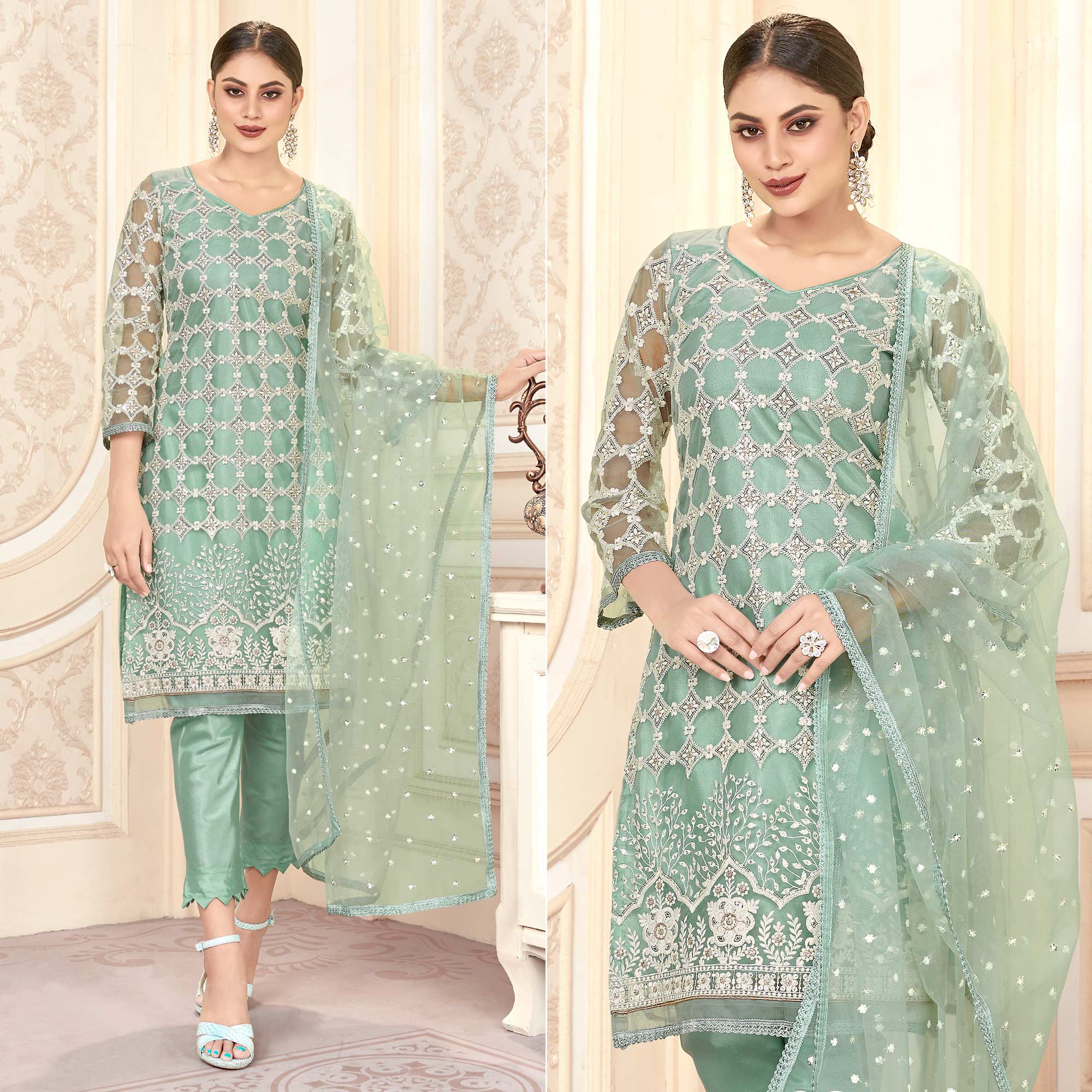 Turquoise Sequins Embroidered Net Semi Stitched Suit